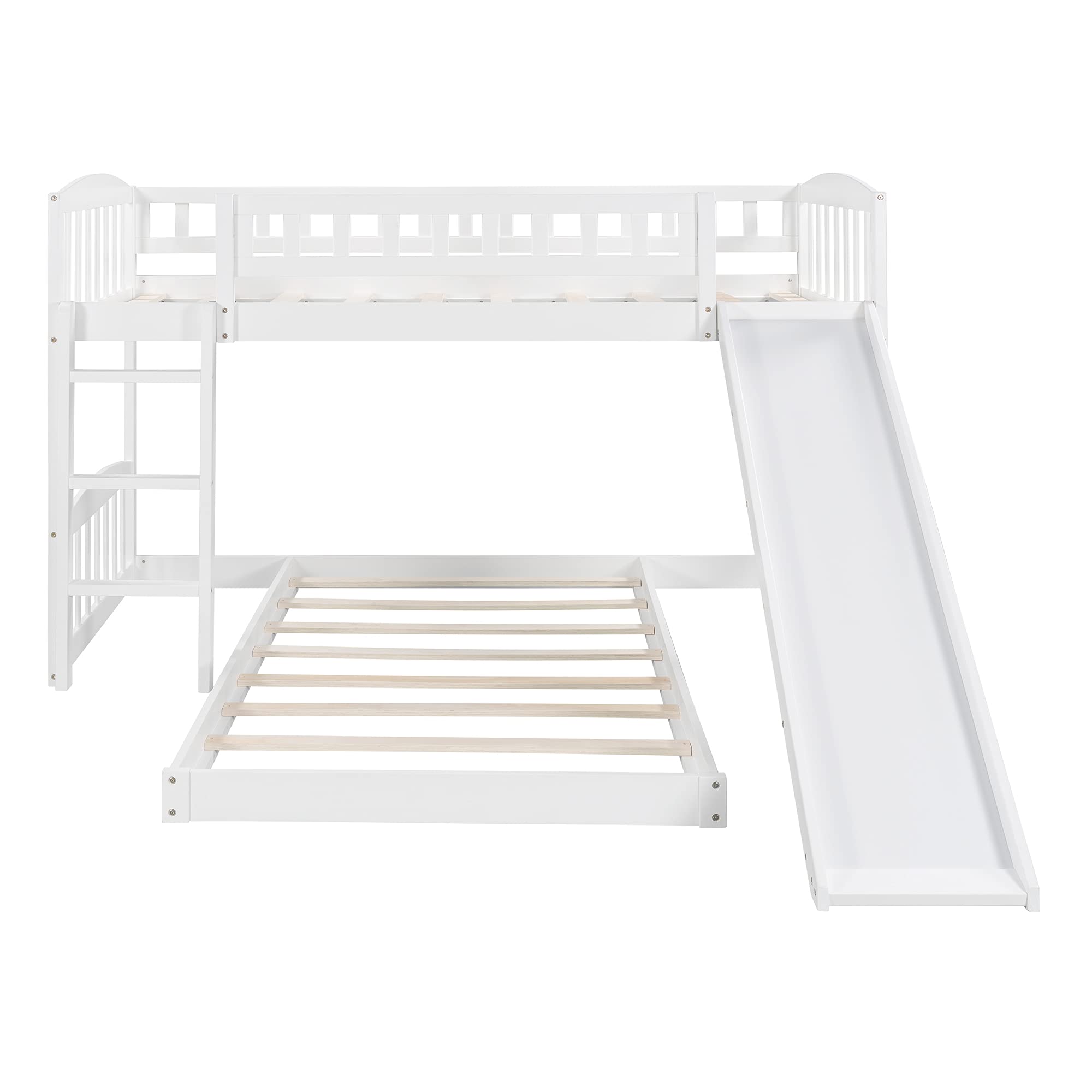 Knocbel Twin Size Low Loft Bed with Floor Platform - White Wooden Bunk Bed with Guardrails, Reversible Slide & Ladder (77.4