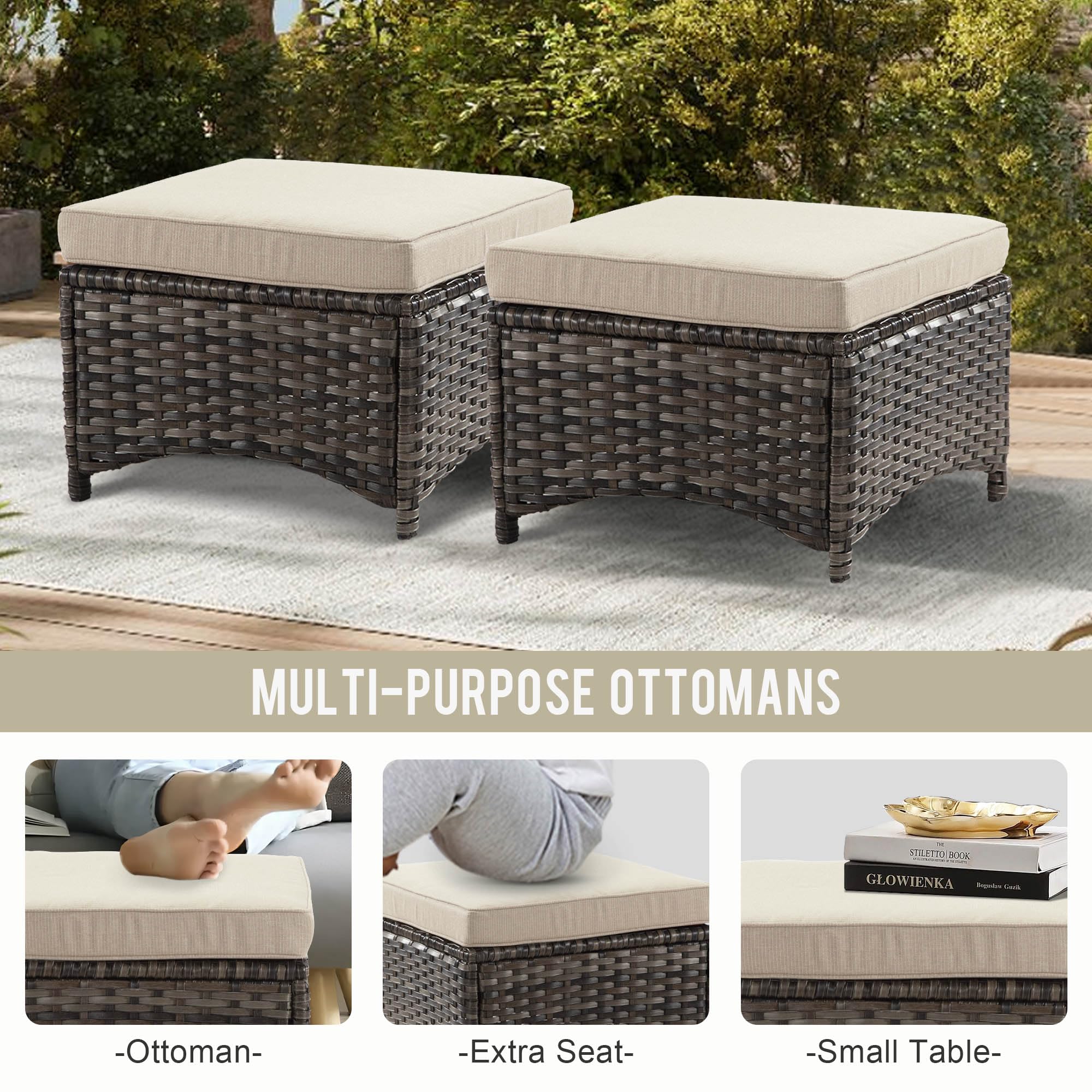 2-Piece Outdoor Wicker Ottoman Set with Removable Cushions - 22