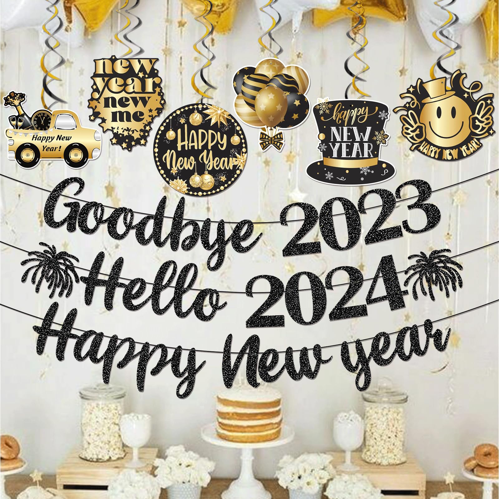 2024 New Year Decorations Set - Black Glitter Happy New Year Banner, Goodbye 2023 Hello 2024 Sign, NYE Party Supplies & Hanging Decorations - Perfect for New Year's Eve Parties, Countdown Events & Home Decoration