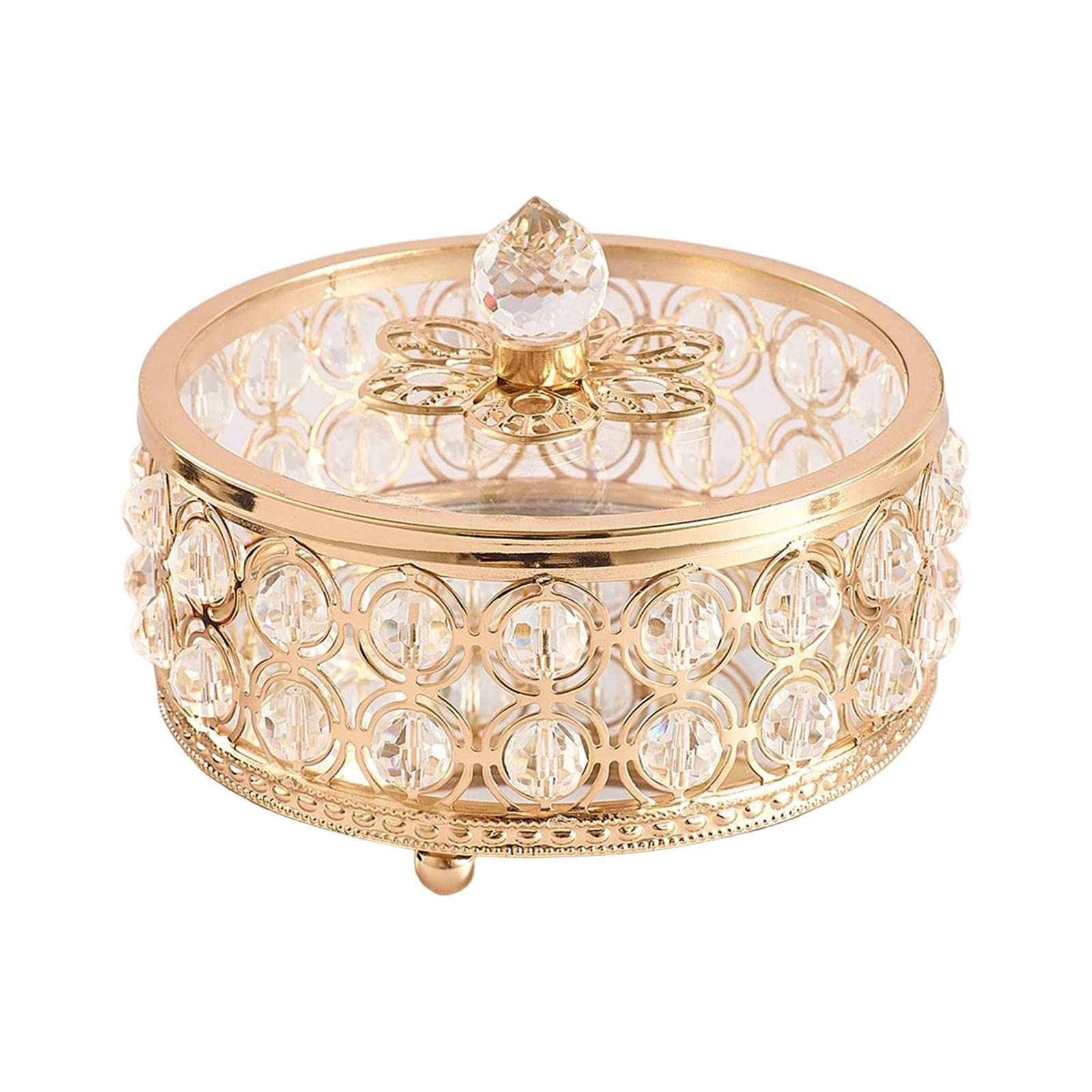 MagiDeal Gold Crystal Jewelry Box with Mirror Lid - Elegant Storage for Rings, Necklaces & Accessories - Perfect for Dresser, Vanity & Home Decor - Ideal Gift for Women & Girls (12cm x 9.5cm)