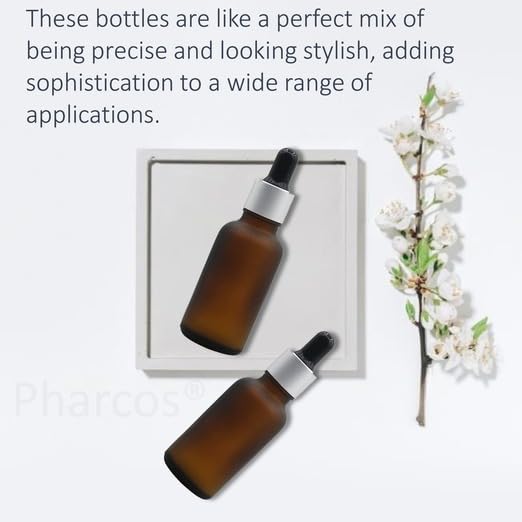 PHARCOS 30ml Amber Frosted Glass Dropper Bottle Set - Matte Silver Ring, Glass Tube, Black Silicone Teat & Wiper Plug - Perfect for Premium Perfumes, Essential Oils & Medicines (Pack of 4) | Ideal for DIY Beauty, Aromatherapy & Natural Remedies