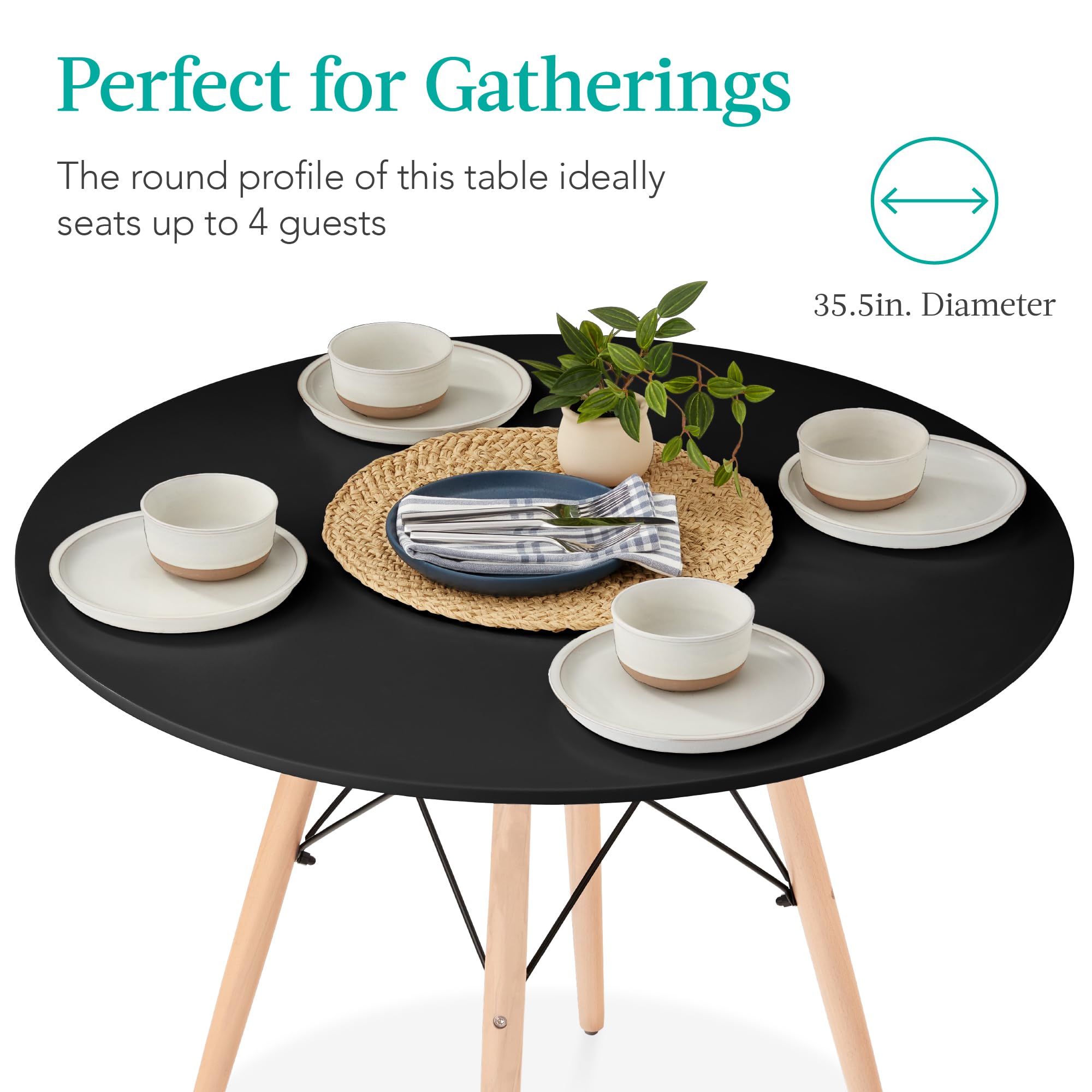Best Choice Products 35.5-inch Round Dining Table - Compact Mid-Century Modern Design for Small Spaces, Perfect for Kitchen, Apartment or Breakfast Nook - Sturdy Beech Wood Legs & Metal Frame in Black - Ideal for Couples, Small Families or Entertaining Guests