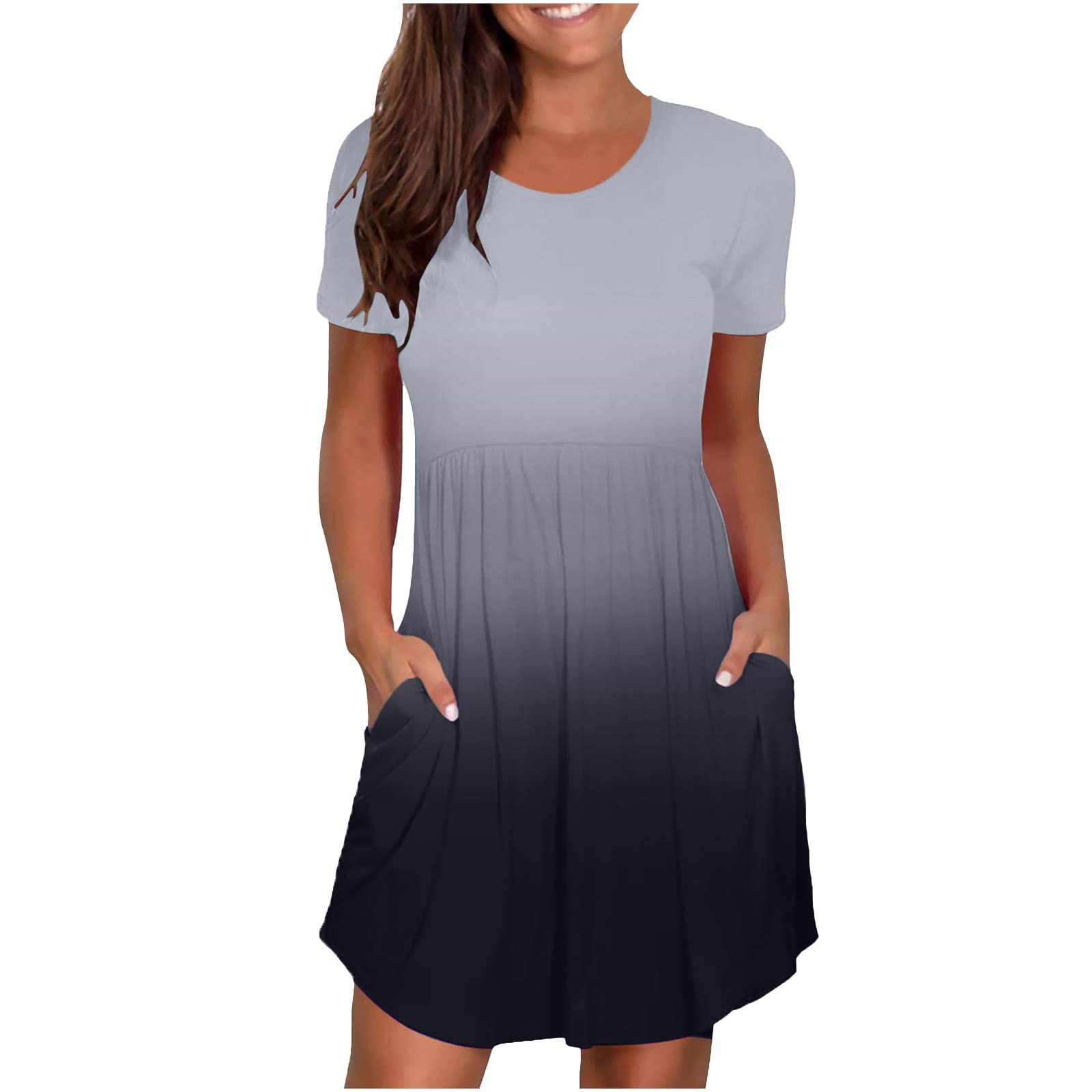 Women's Summer Casual Loose Short Sleeve T-Shirt Dress - Plain Simple Pleated Swing Dress with Pockets - Perfect for Beach, Vacation, and Everyday Wear