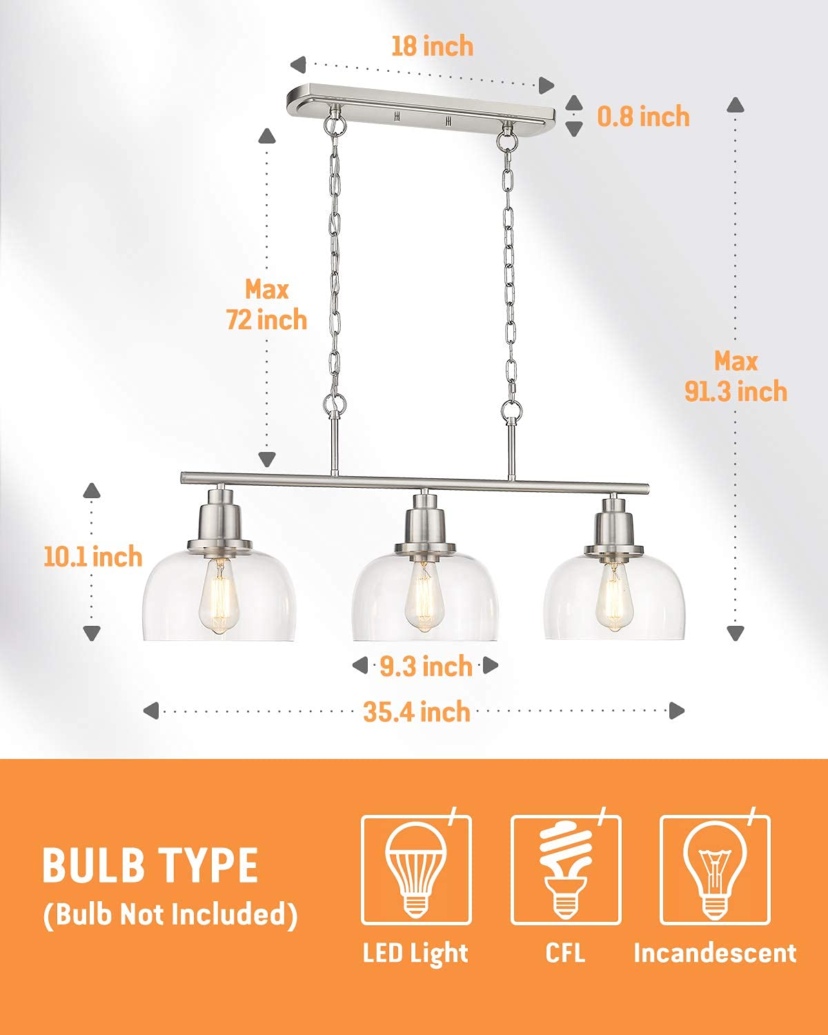 EAPUDUN 3-Light Linear Chandelier - Brushed Nickel Finish with Clear Glass Shade - Modern Farmhouse Lighting for Kitchen Island, Dining Room, Foyer, Hallway & Entryway - Perfect for Home, Restaurant and Cafe Decor