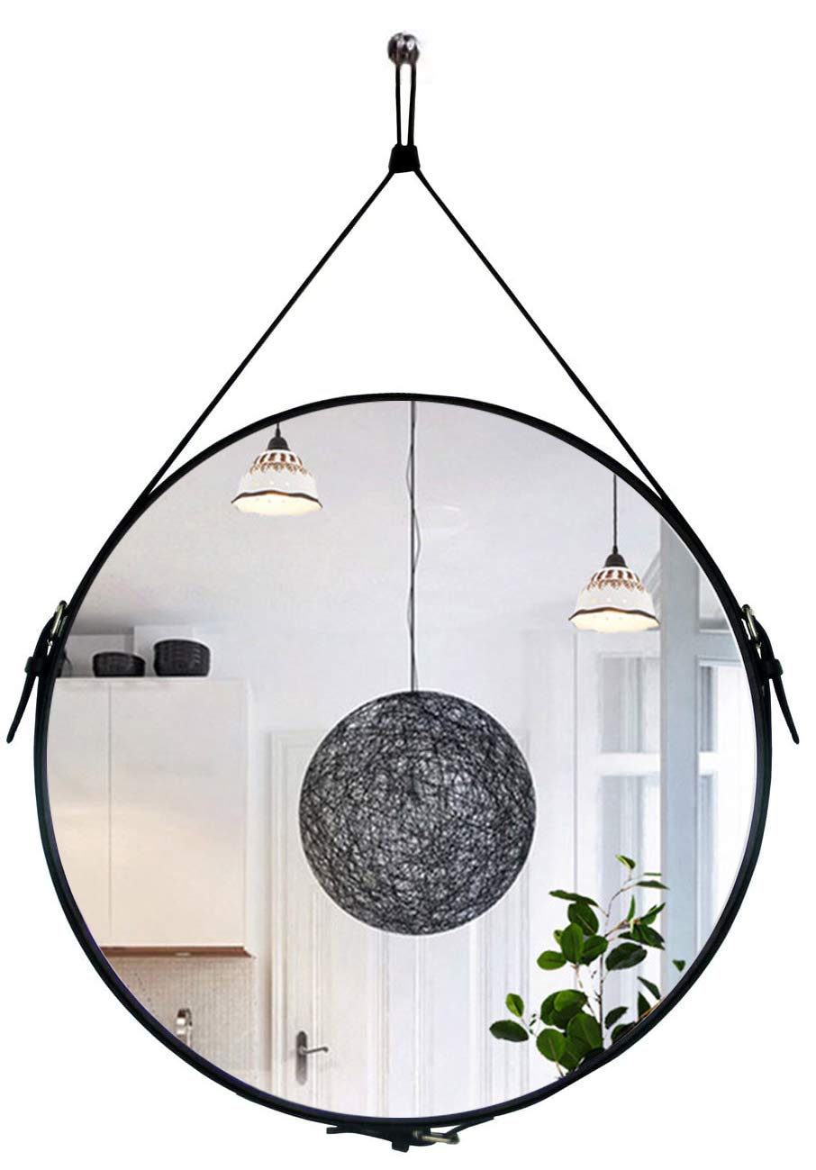 20'' Round Wall Mirror - Decorative Hanging Mirror with Silver Hardware Hook & Strap for Living Room, Bedroom & Bathroom | HofferRuffer Black Framed Mirror