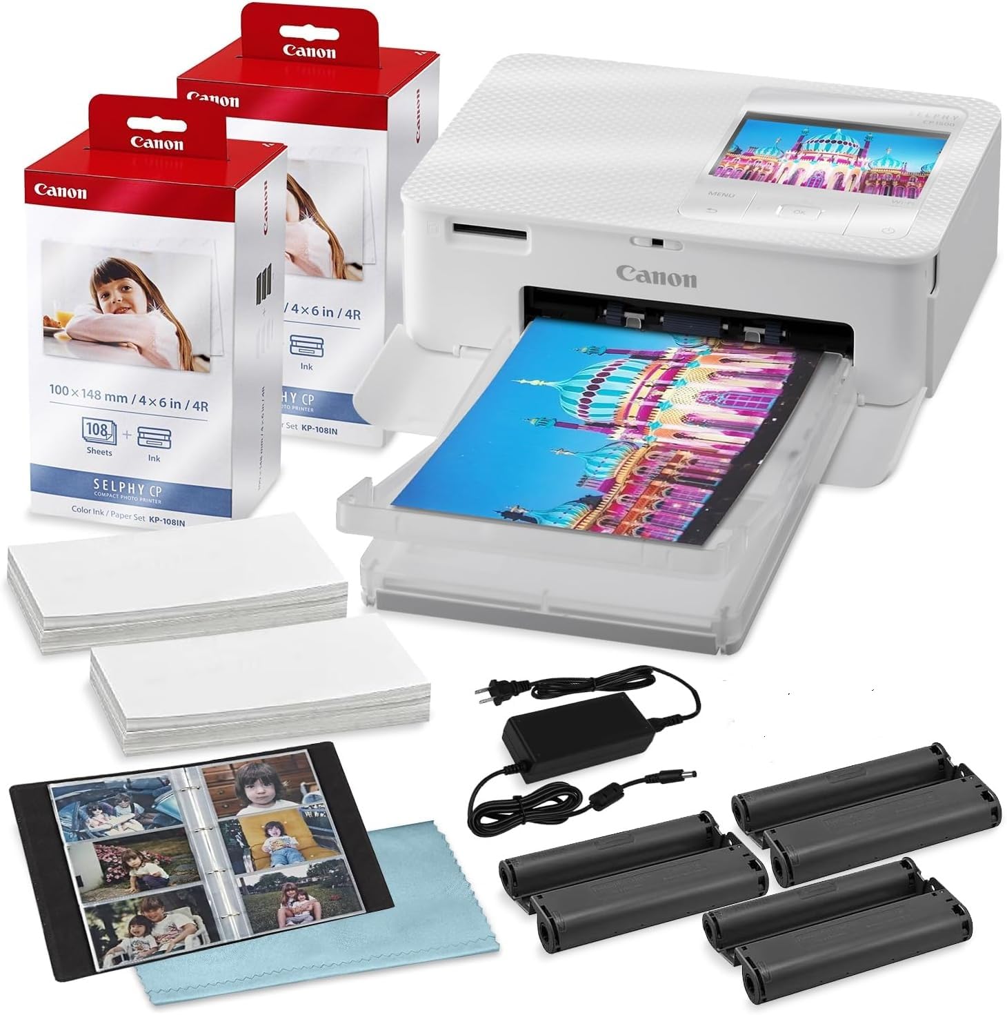 BluebirdSales Selphy CP1500 Wireless Compact Photo Printer (White) - Includes 2-Pack KP-108IN Ink Paper Set (216 Sheets 4x6 Photo Paper + 6 Ink Cartridges), Power Adapter & Deluxe Album - Perfect for Home Printing, Travel Photos, and DIY Scrapbooking