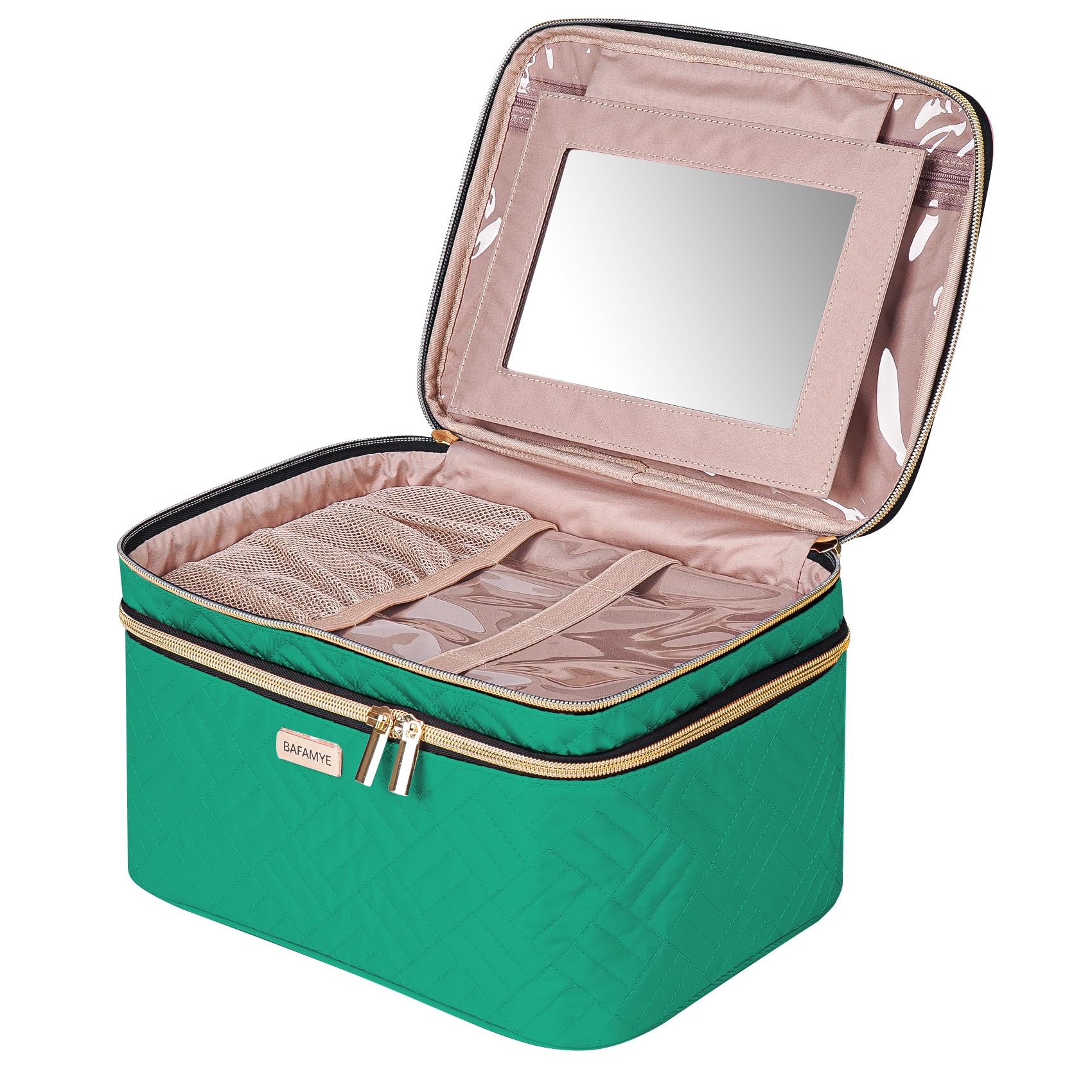 8.8L Double Layer Travel Makeup Bag with Mirror for Women - Large Cosmetic Organizer Case for Travel-Size Bottles, Brushes & Skincare - 2.33 Gallon Capacity, Green - Perfect for Vacation, Business Trips & Daily Beauty Storage