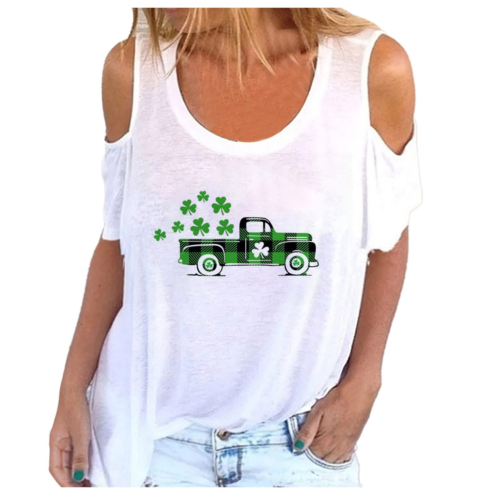 St. Patrick's Day Women's Short Sleeve T-Shirt - Printed O-Neck Off Shoulder Casual Blouse for Party, Pub & Festival Outfits