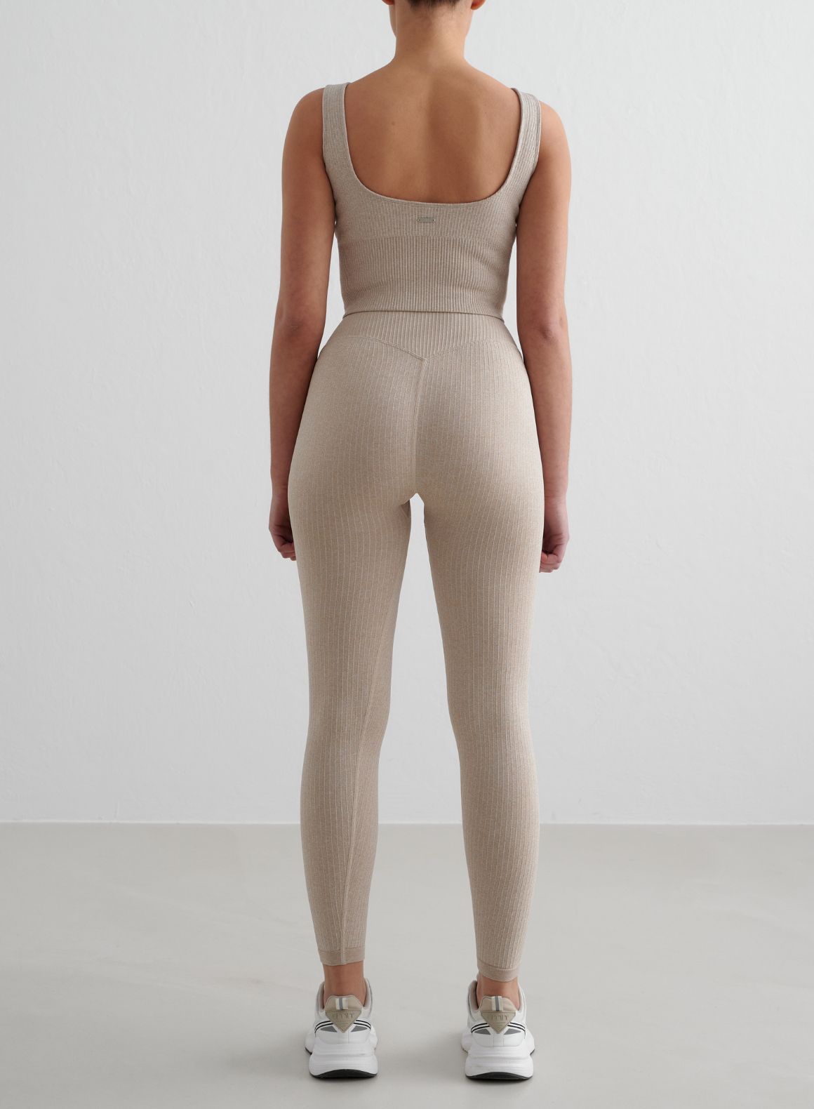 Beige Melange Ribbed Seamless Tights & Bralette Set - Comfortable Loungewear for Yoga, Workout and Everyday Wear