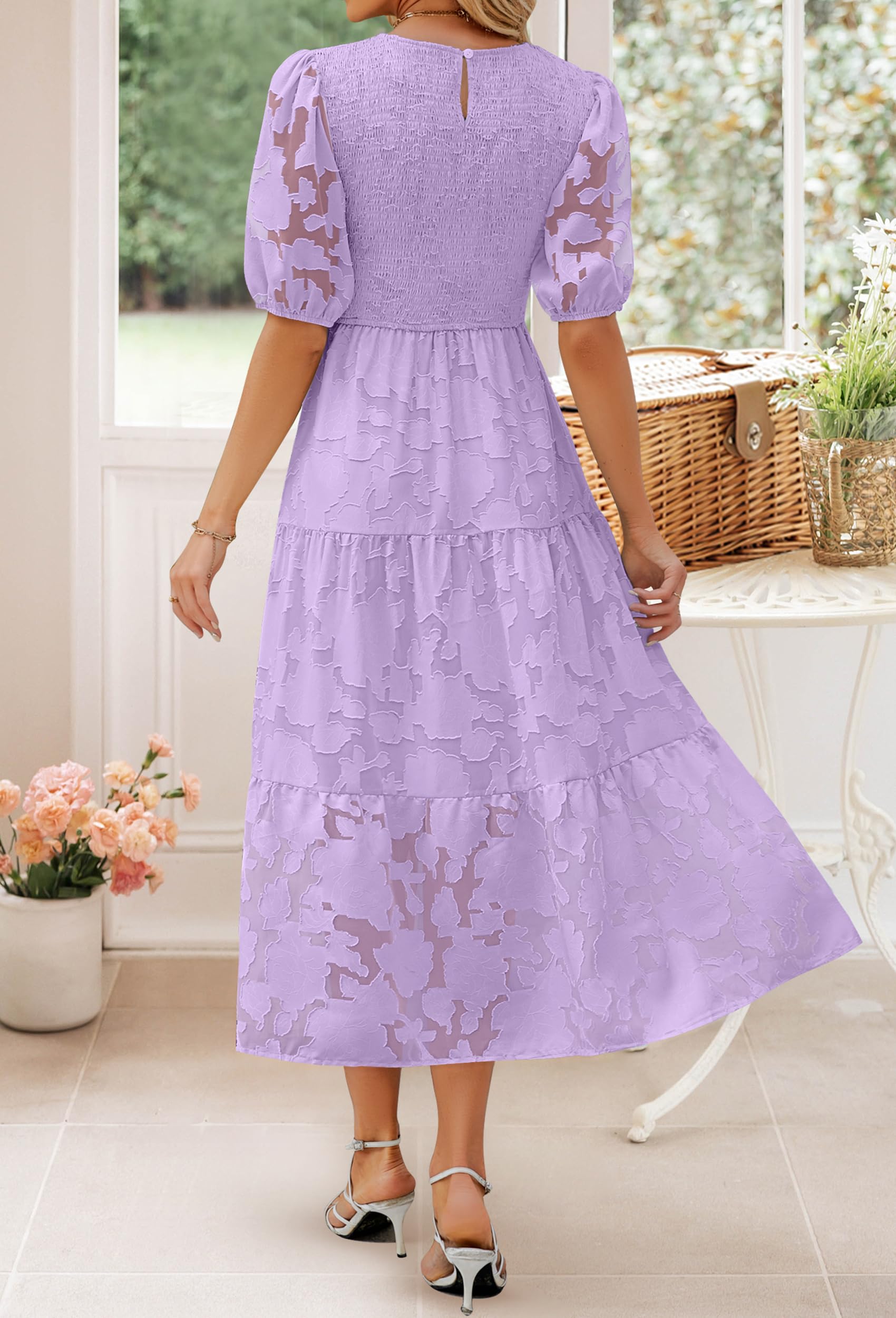 ZESICA Women's Summer Floral Lace Maxi Dress with Puff Sleeves & Smocked Waist - Elegant A-Line Tiered Flowy Dress for Beach, Wedding, Party & Vacation