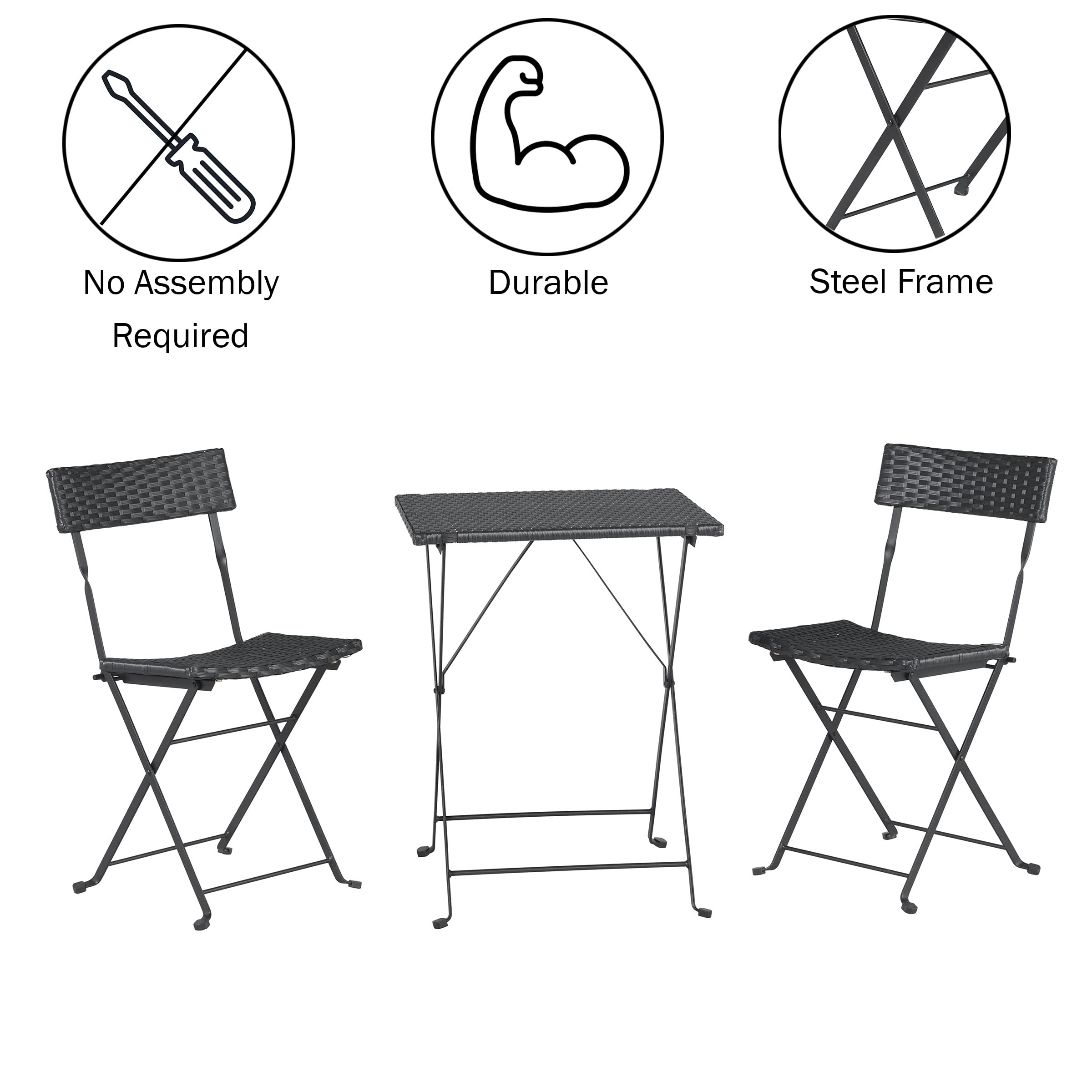 Lavish Home 3-Piece Folding Patio Bistro Set - Weather-Resistant Rattan & Steel Outdoor Café Table with Chairs for Porch, Deck, Garden, Balcony or Backyard (Black) | Perfect for Small Space Dining, Morning Coffee & Outdoor Entertaining