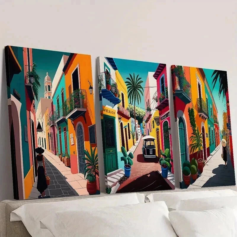 3-Piece Colorful Retro Mexican Street Art Canvas Wall Decor Set - Framed 50x70cm High Quality Print - 100% Australian Made - Ready to Hang for Living Room, Bedroom or Office Decor