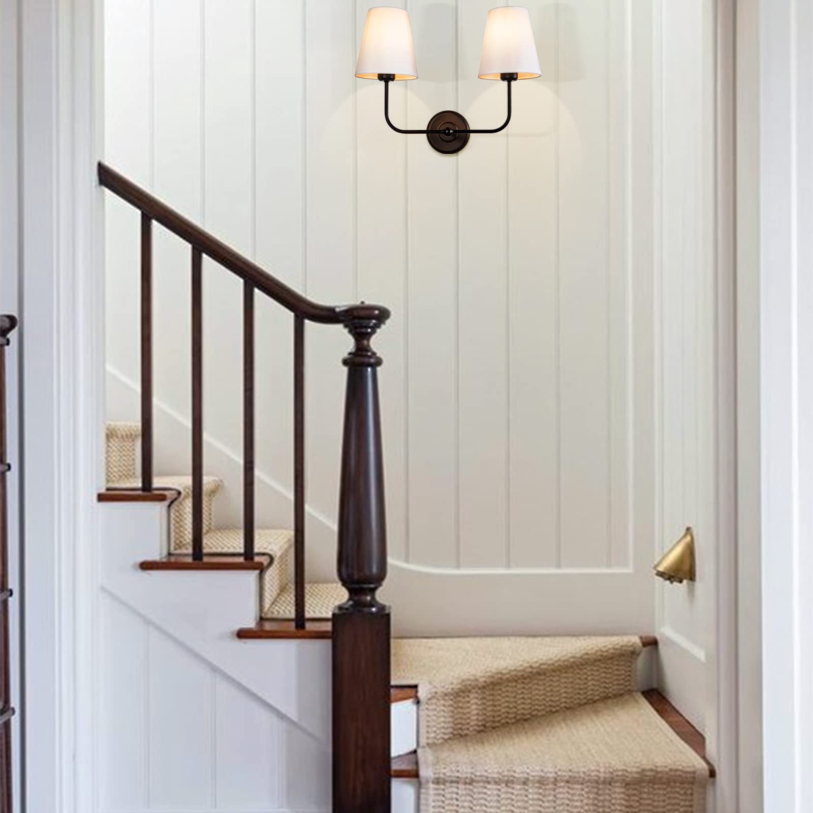 PASSICA DECOR Hardwired 2-Light Modern Wall Sconce with White Fabric Shades - Double Arm Sconce Lighting for Bathroom Vanity, Living Room, Hallway, Stairway & Fireplace - Farmhouse Style Wall Light for Cozy Home Ambience