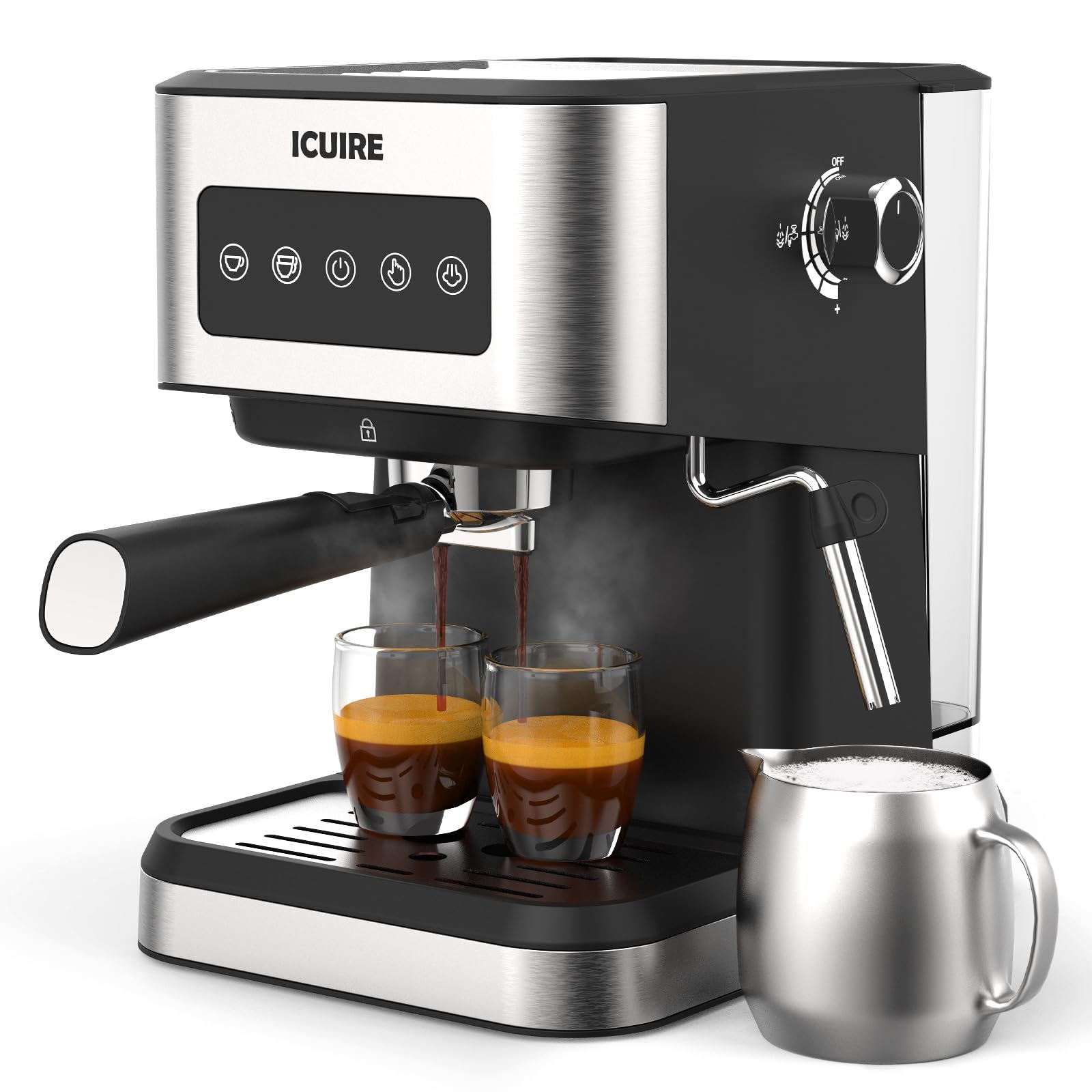 ICUIRE 20 Bar Pressure Espresso Machine with Milk Frother - 1.5L Removable Water Tank, 1050W Fast Heating Stainless Steel Coffee Maker for Latte, Cappuccino & Macchiato - Perfect for Home Baristas & Coffee Lovers (Use for Morning Brew, Entertaining Guests, Office Coffee Station)