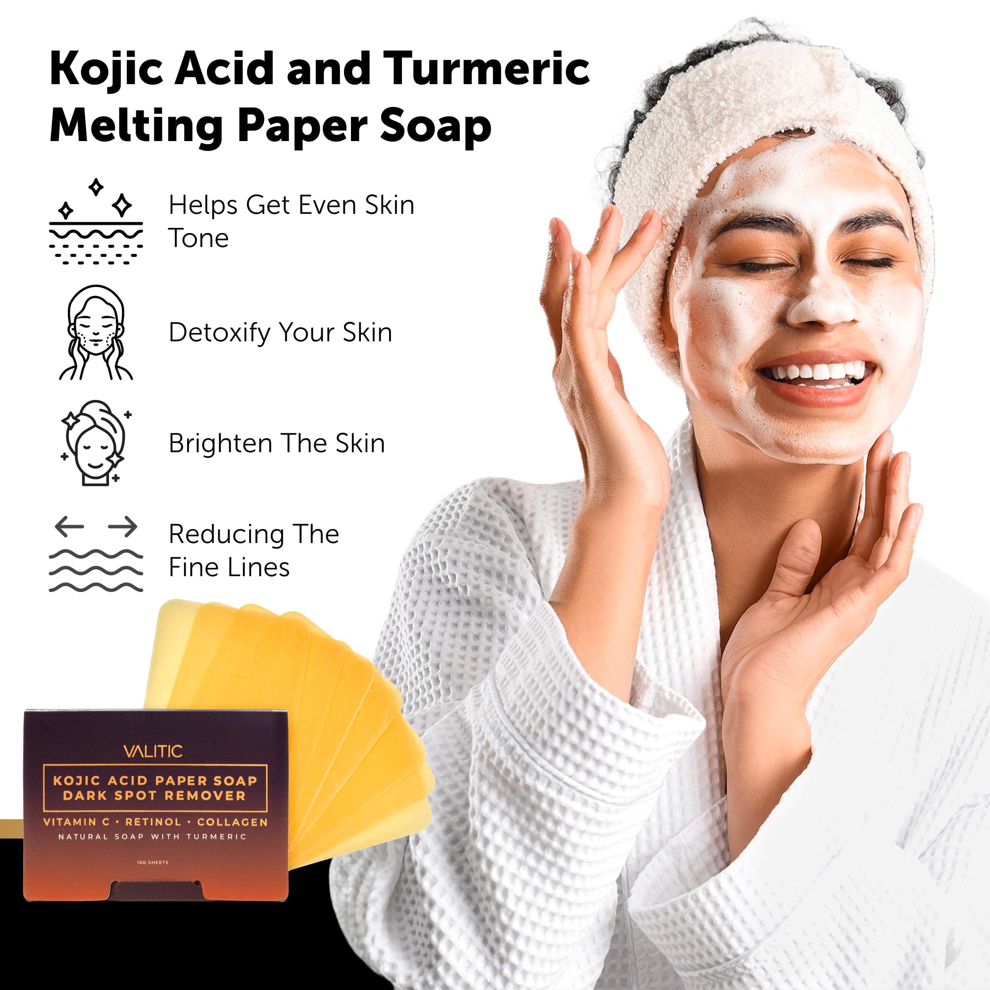 VALITIC Turmeric Kojic Acid Cleansing Soap Melting Sheets - Dark Spot Corrector & Brightening Paper Soap with Vitamin C, Retinol & Collagen - 100 Travel Size Facial Exfoliating Sheets (2 Pack) - Perfect for Travel, Gym & On-the-Go Skincare Routine