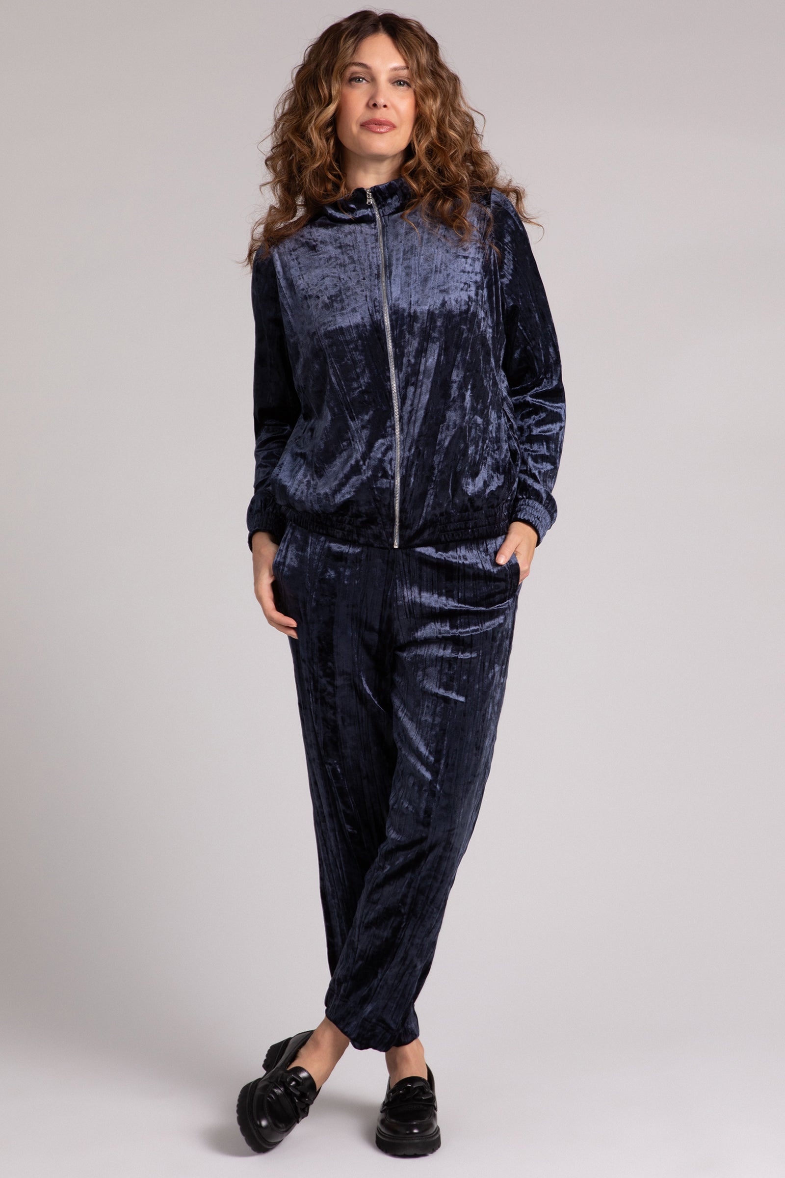 Crinkle Velvet Zip Front Warm Up Jacket for Women - Soft & Cozy Navy Blue Pullover - Perfect for Casual Outfits, Lounge Wear & Winter Layering