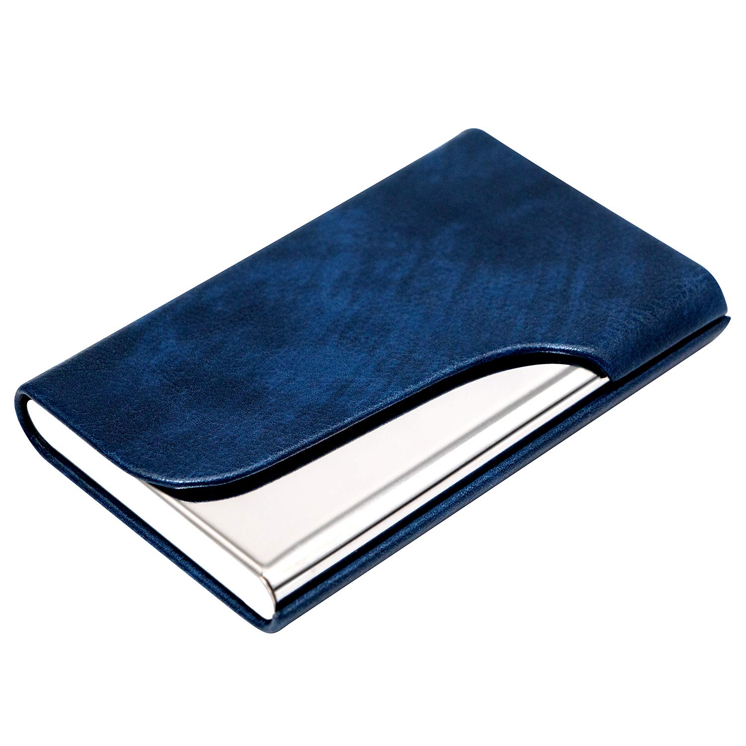Premium Leather & Stainless Steel Business Card Holder - Slim RFID Blocking Credit Card Case Wallet for Men & Women - Perfect for Office, Networking Events & Professional Meetings (Deep Blue)