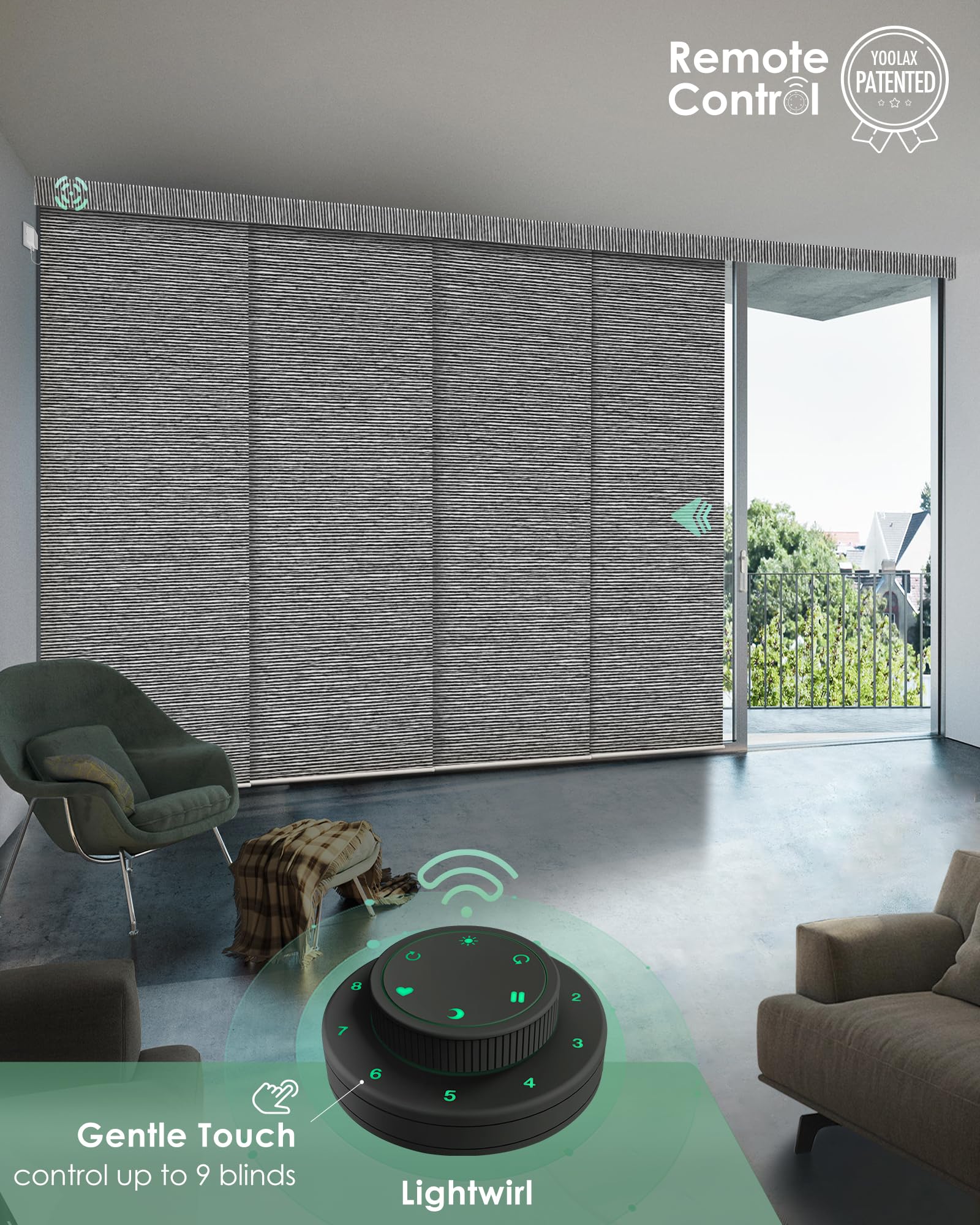 Yoolax Custom XL Smart Motorized Sliding Blinds - Alexa Compatible Blackout Vertical Window Shades for Glass Doors, Patio & Closet - Basalt Stripe Black | Perfect for Home Automation, Privacy & Light Control
