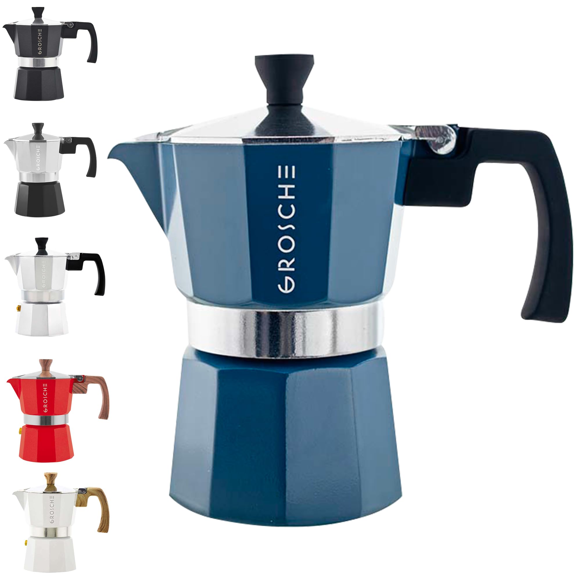 GROSCHE Milano Stovetop Espresso Maker - 3 Cup (5 oz) Moka Pot, Italian Coffee Brewer for Espresso & Percolator - Perfect for Home, Office & Camping (Blue)