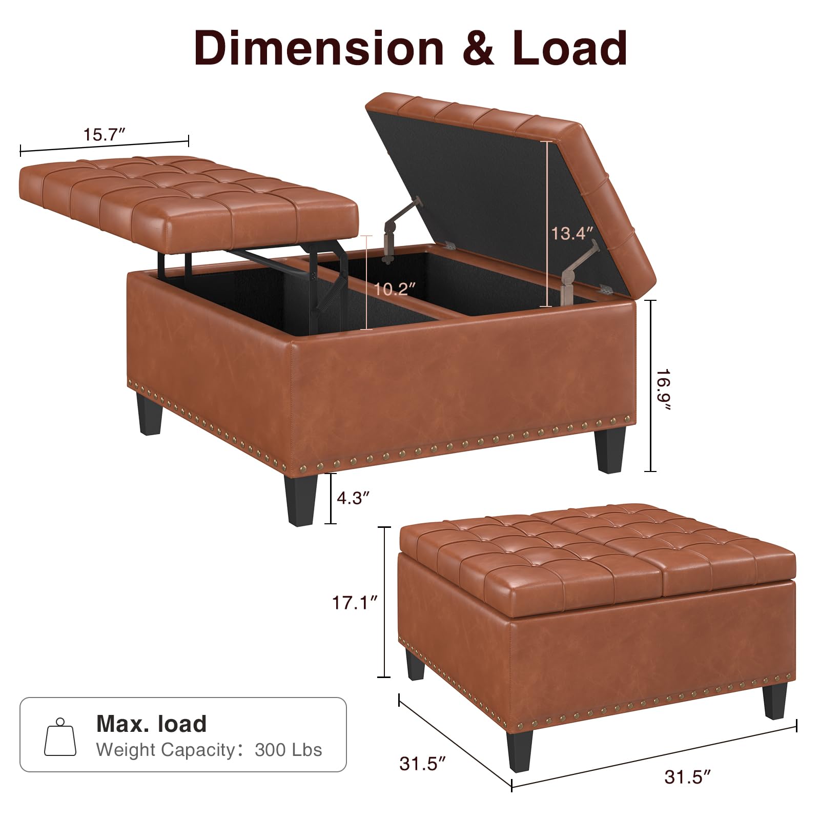 Square Leather Storage Ottoman with Lift Top - Large Upholstered Footrest Stool & Toy Box for Living Room, Bedroom - Brown Leather Coffee Table Ottoman | Perfect for Extra Seating, Storage & Home Decor