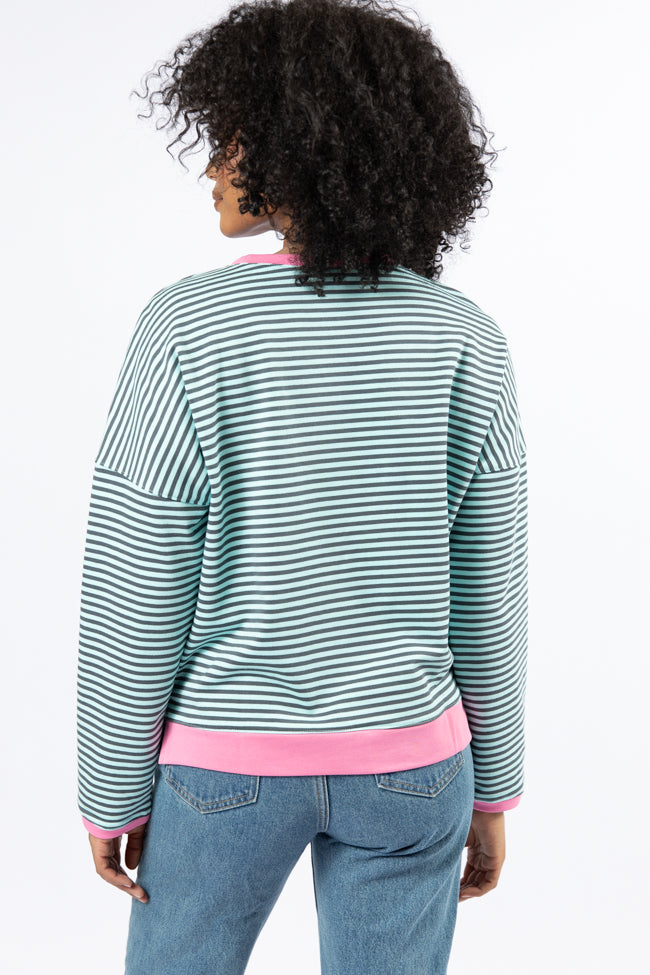 Think On It Pink, Navy, and Charcoal Striped Contrast Trim Pullover Sweater | Women's Casual Knit Top | Perfect for Fall Layering and Weekend Outfits