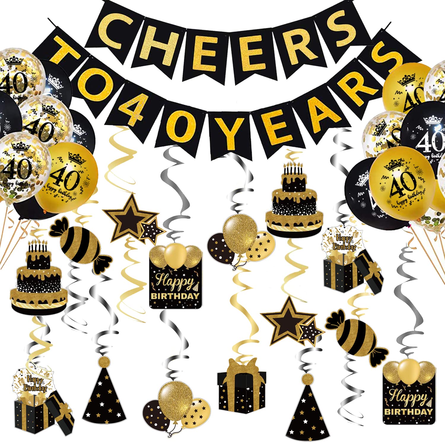 Black & Gold 40th Birthday Party Decorations Kit - Happy Birthday Hanging Swirls, Banner & Balloons for Women & Men - Indoor/Outdoor Birthday Party Supplies - Perfect for Milestone Celebrations, Anniversary Parties & Special Events