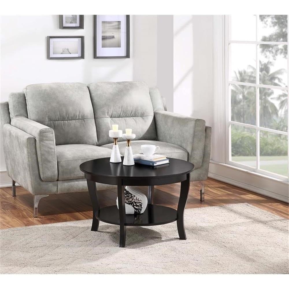 Pemberly Row Round Coffee Table - Black Wood Finish - Modern Living Room Furniture for Small Spaces & Home Decor