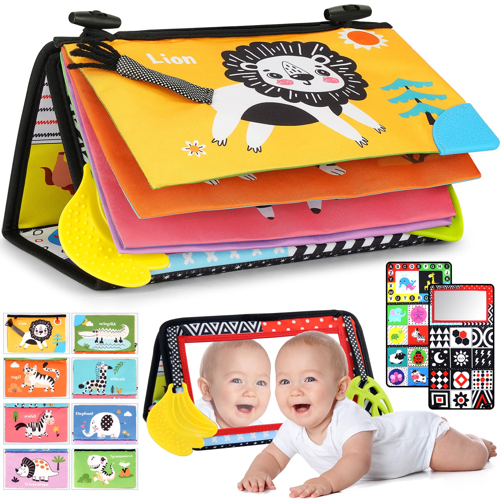 Montessori Baby Toys - Tummy Time Mirror with Soft Cloth Book & Teether Set, High Contrast Black & White Sensory Crawling Toys for Infants 0-12 Months | Perfect for Newborn Development, Playtime & Early Learning Activities