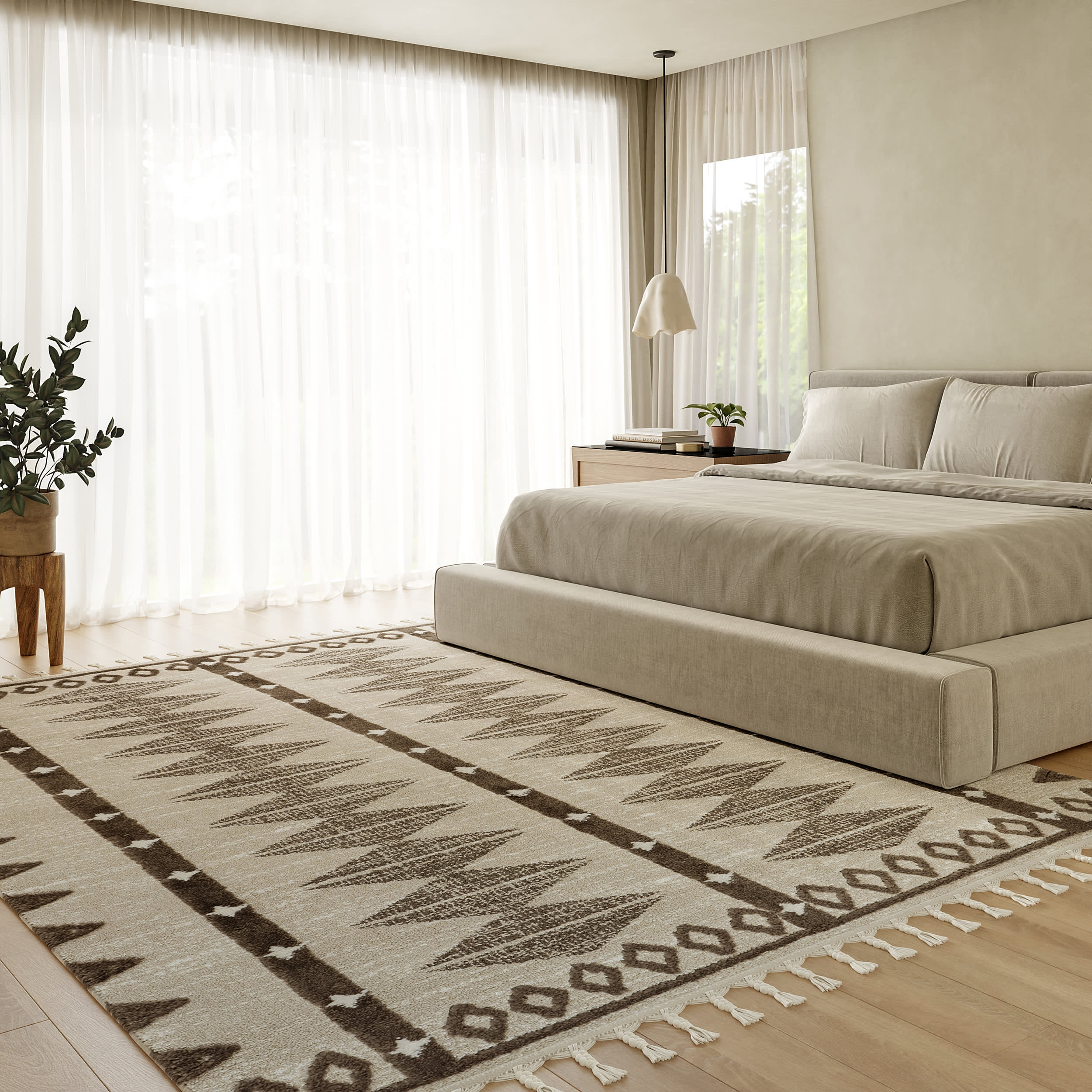 Stylish Beige Geometric Tasseled Area Rug for Living Room & Bedroom - Autumn Home Decor Accent