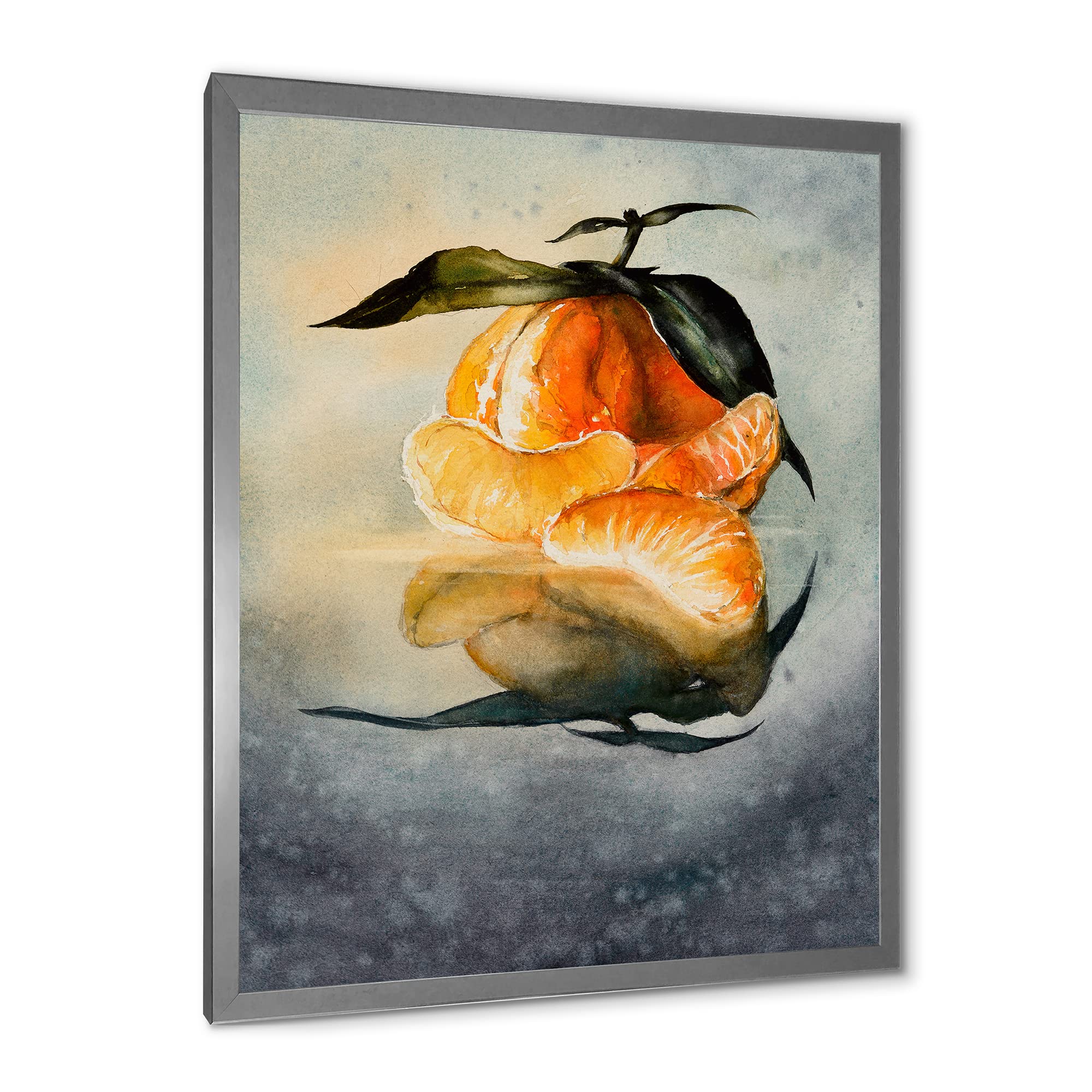 Fresh Peeled Orange Mandarin with Green Leaves - Traditional Framed Wall Art Decor for Kitchen, Dining Room & Living Room
