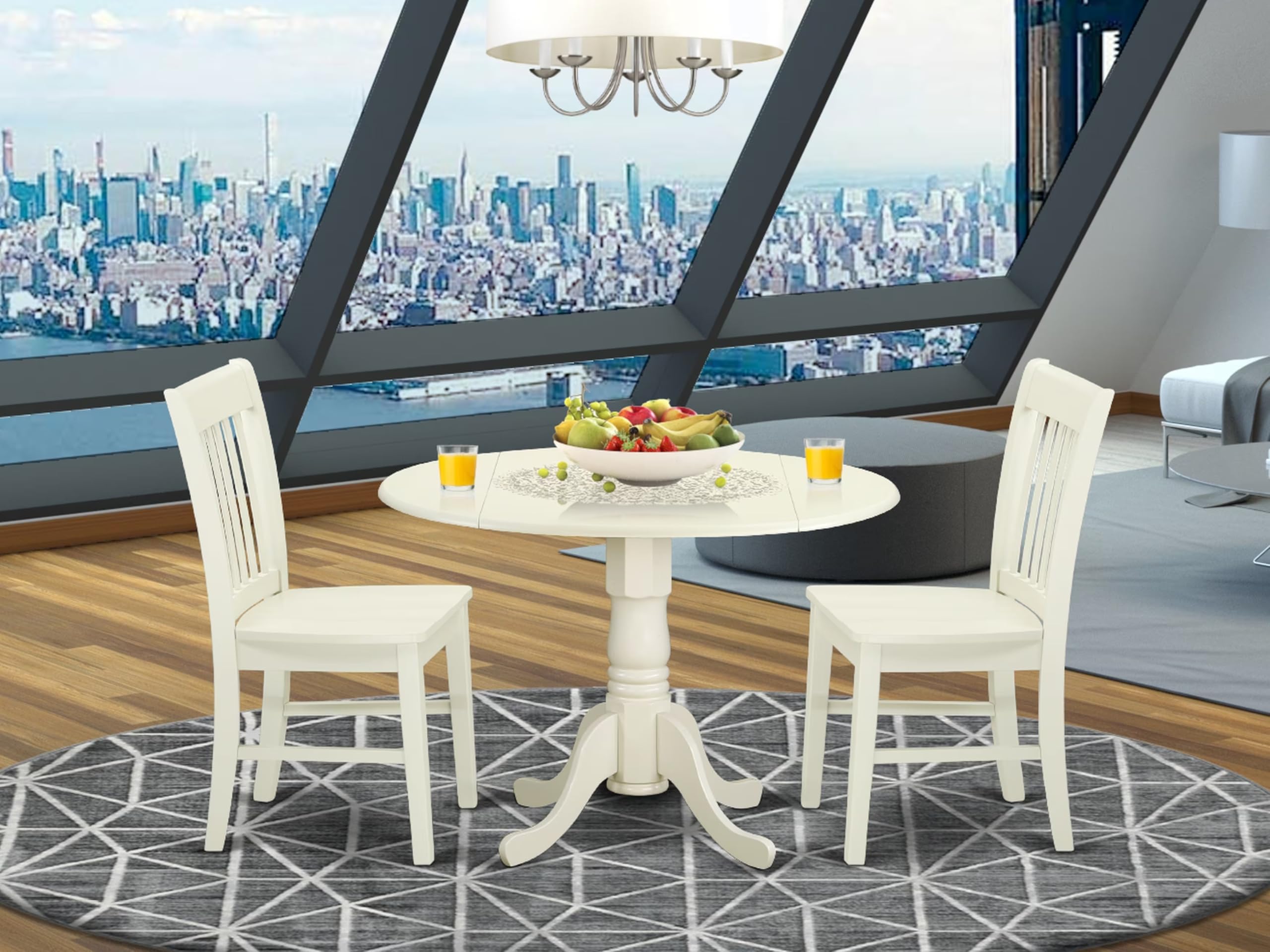 East West Furniture DLNO3-LWH-W 3-Piece Small Space Dinette Set with Round Drop-Leaf Dining Table & 2 Chairs, 42x42 Inch, Linen White - Perfect for Apartments, Breakfast Nooks & Cozy Kitchens