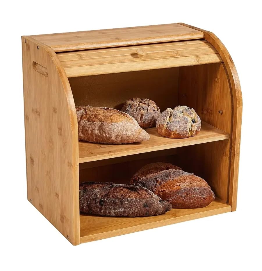 2 Layer Bamboo Bread Storage Box with Lid - Eco-Friendly Double Decker Bread Bin for Kitchen | Compact & Sustainable Food Storage Solution | Keep Bread Fresh Longer | Perfect for Countertop, Pantry, or Small Kitchen Organization