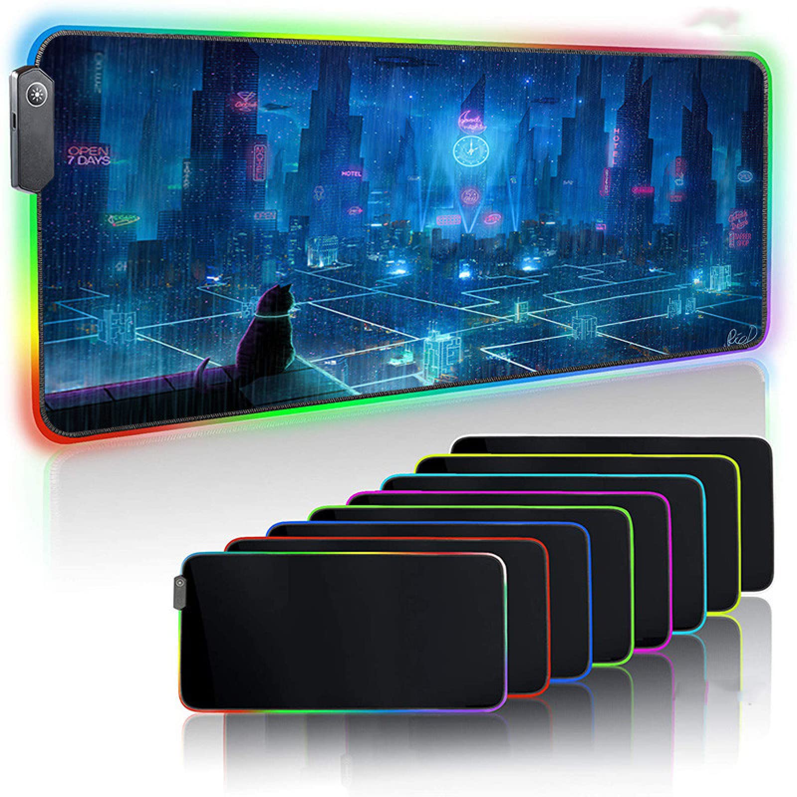 Japan Neon City LED Gaming Mouse Pad - XXL Large RGB Backlit Mouse Mat with Cartoon Cat Design (9.8x13.78 inches) for PC, Laptop & Office Use - Perfect for Gamers, Streamers & Anime Fans