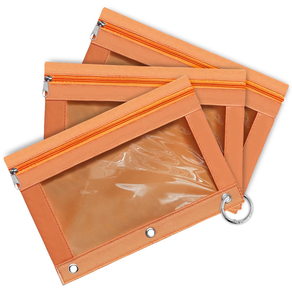 3-Pack Multi-Color Large Capacity Pencil Pouch with Zipper Closure & Clear Window - 3 Ring Binder Pencil Case with Reinforced Grommets (Burnt Orange) - Perfect for School, Office & Art Supplies Organization