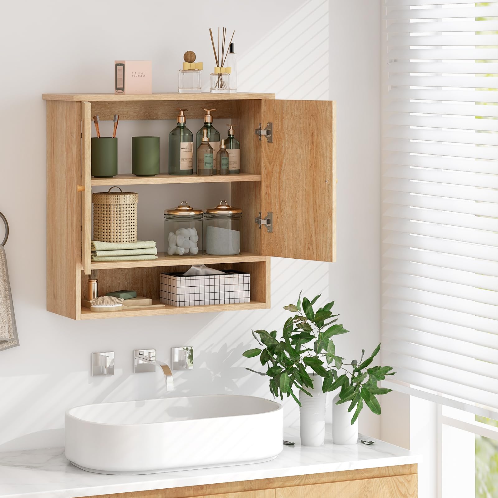 Tangkula Wall Mounted Medicine Cabinet with 2 Rattan Doors - Bathroom Storage Over Toilet, Hanging Cabinet for Laundry Room, Kitchen & Entryway (Natural Finish, Open Back) - Perfect for Small Spaces & Organizing Essentials