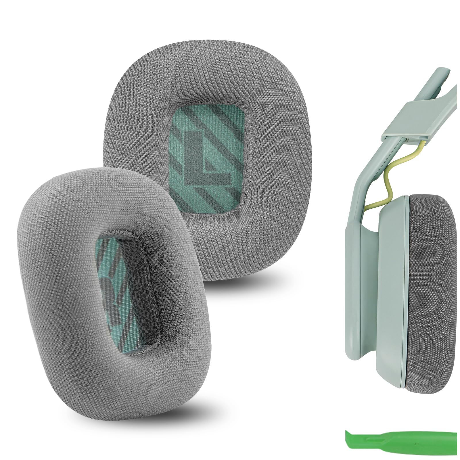 Geekria Comfort Mesh Fabric Replacement Ear Pads for Astro Gaming A10 Gen 2 Headphones - Grey/Green Gaming Headset Earpads & Ear Cushions - Perfect for PC, PS5, Xbox Gaming & Long Sessions
