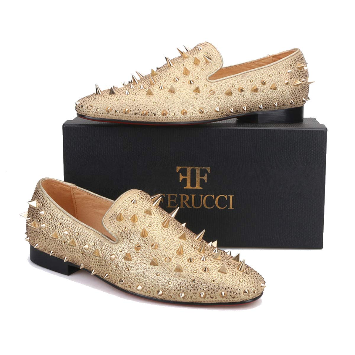 FERUCCI Men's Gold Spike Loafers with Crystal Rhinestones - Stylish Slip-On Shoes for Casual Wear, Parties & Special Occasions