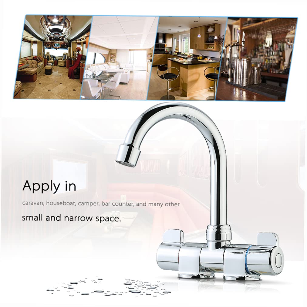 Kavolet Foldable Two Handle Kitchen Sink Faucet with Rotating Spout - Hot and Cold Water Mixer Tap in Stainless Steel for RV, Motorhome & Travel Trailer - Perfect for Compact Spaces & Outdoor Cooking