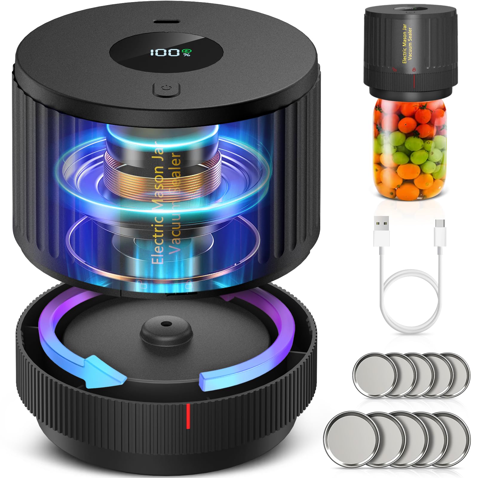 Electric Mason Jar Vacuum Sealer for Food Preservation - Compatible with Wide & Regular Mouth Jars, Airtight Vacuum Sealing Machine (Black) - Perfect for Meal Prep, Canning, Sous Vide & Long-Term Food Storage