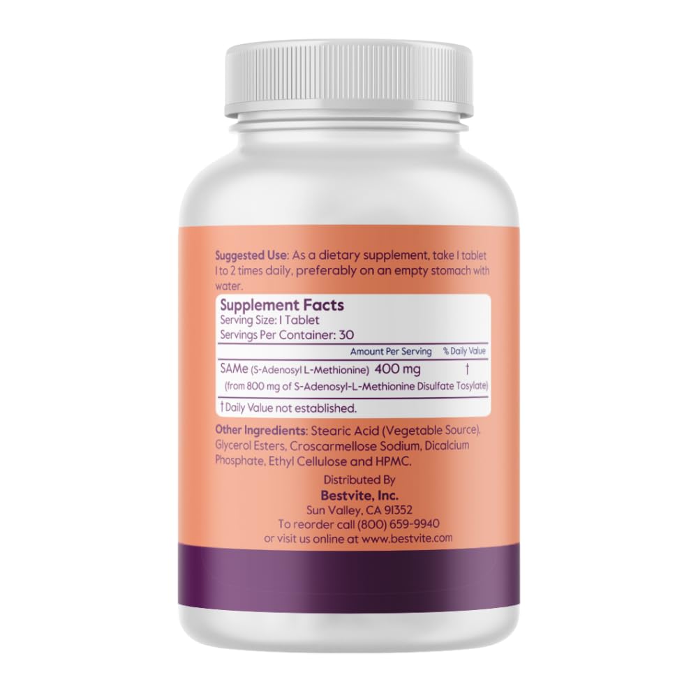 BESTVITE SAM-e 400mg Supplement (60 Tablets) - Gluten Free, Mood Support & Joint Health - Supports Emotional Wellness & Healthy Joint Function for Adults