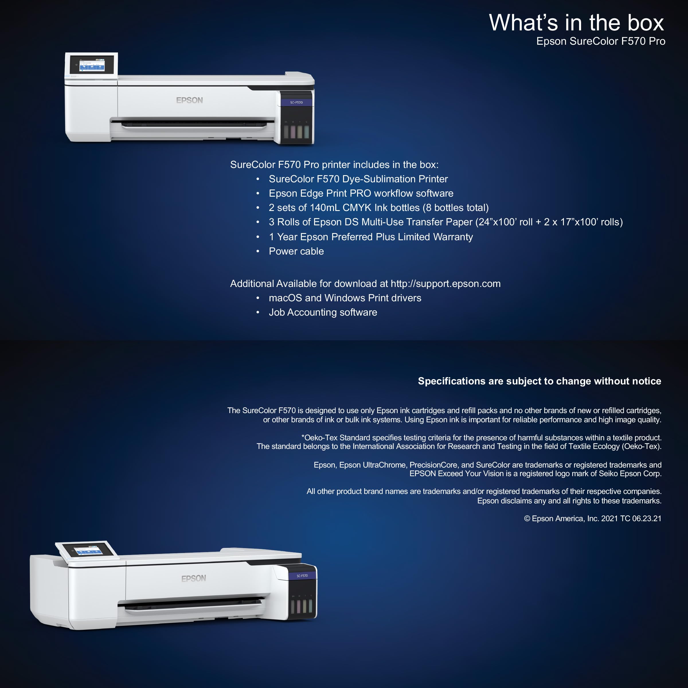 Epson SureColor F570 Pro 24-Inch Desktop Sublimation Printer with 2 Full Ink Sets - User Guide, Sublimation Paper & Free Remote Installation - Ideal for T-Shirt Printing, Mugs & Custom Gifts (SCF570PE)