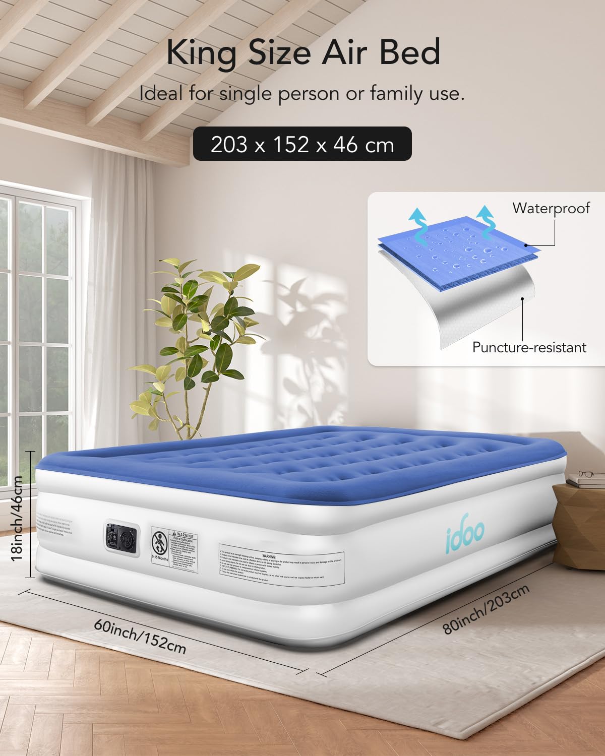Luxury Queen Air Mattress with Built-in Pump - Inflatable Mattress for Camping, Home & Guest Use - Comfortable, Durable & Waterproof Portable Airbed - Perfect for Outdoor Adventures, Sleepovers & Emergency Bedding - Blue