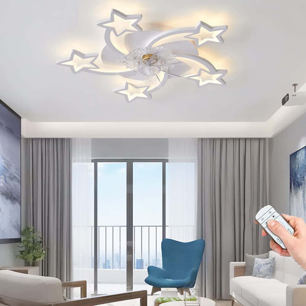 Becailyer 29-inch White LED Ceiling Fan with Lights - Modern Remote Control, 6-Speed Quiet Motor, Dimmable Star Shape Flush Mount for Living Room & Bedroom - Perfect for Home Cooling and Ambient Lighting (60W)