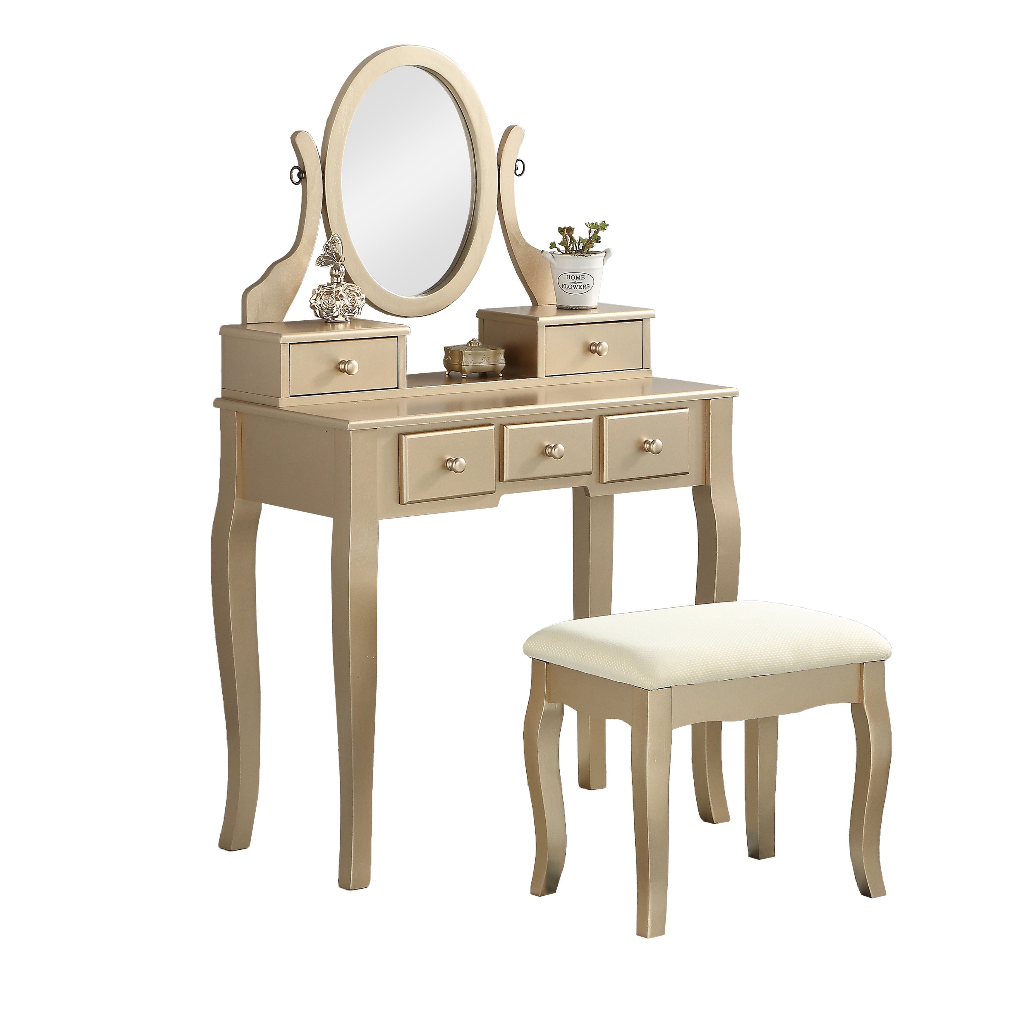 Ashley Wood Makeup Vanity Table with Stool Set - Roundhill Furniture - Elegant Dressing Table for Bedroom, Bathroom & Beauty Salon - Perfect for Makeup, Skincare & Hair Styling
