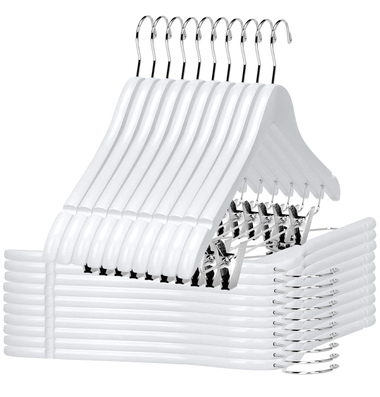 Premium 20-Pack Wooden Skirt Hangers with Adjustable Metal Clips - Semi Curved Smooth Solid Wood Pants Hangers with Swivel Hook for Coats, Jackets, Blouses & Suits (White) - Perfect for Closet Organization, Retail Stores & Dry Cleaning Businesses