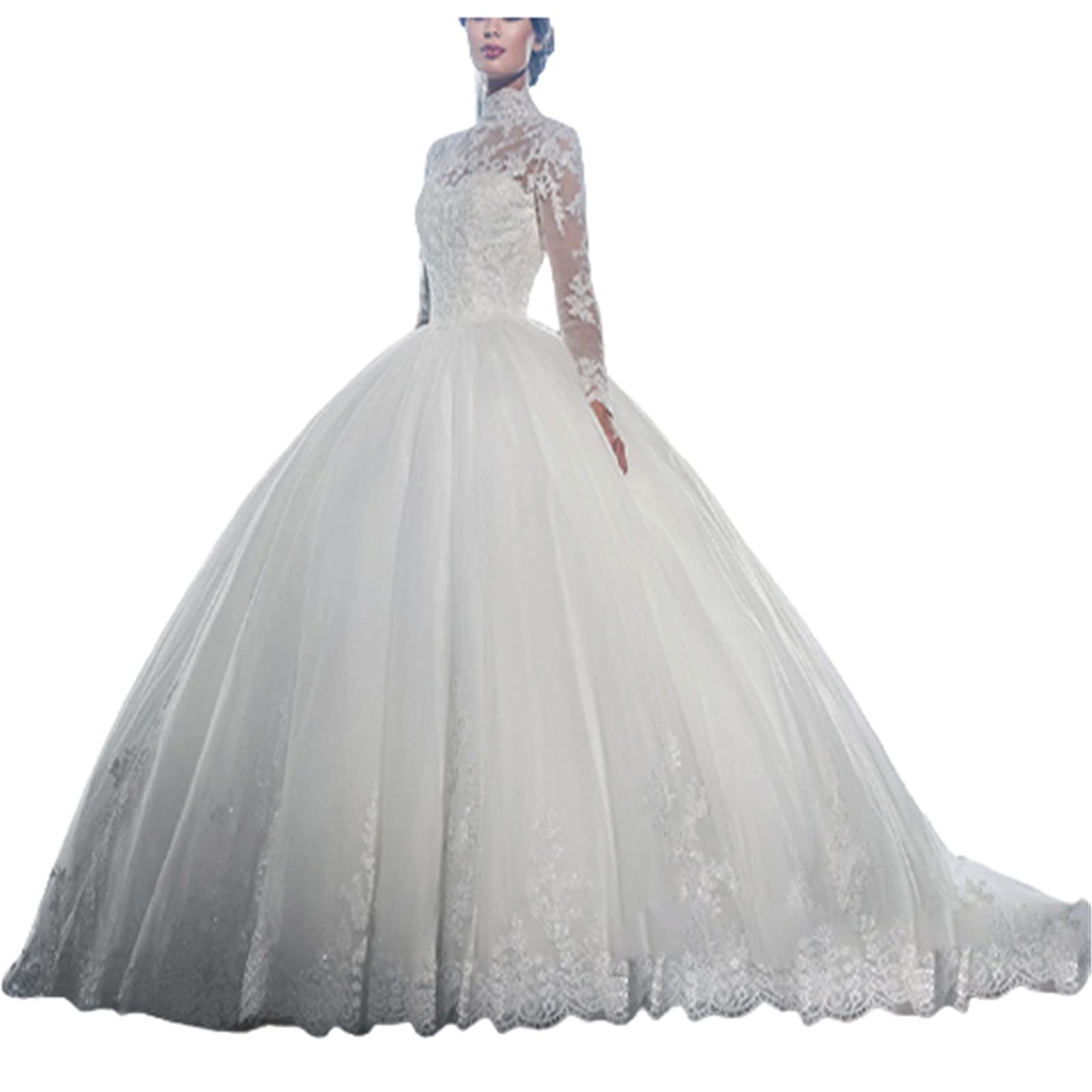 Elegant Duaruimo High Sheer Neck Wedding Bridal Gown with Lace Appliques - Size US 4 - Perfect for Church Weddings, Beach Ceremonies & Formal Evening Events