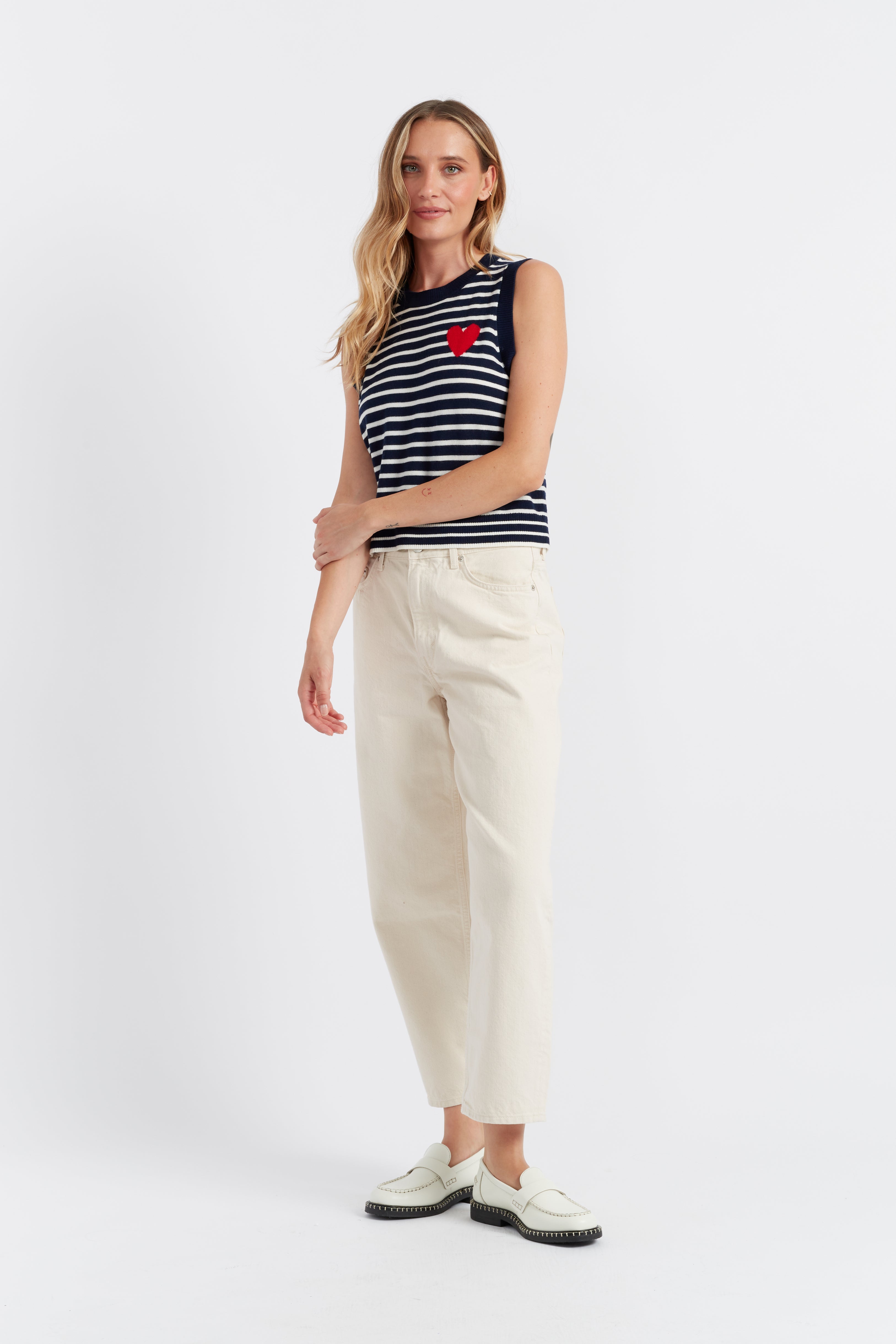 Navy Blue Merino Wool Heart Print Breton Tank Top for Women - Soft & Breathable Summer Layering Staple - Perfect for Casual Outings, Beach Days & Date Nights