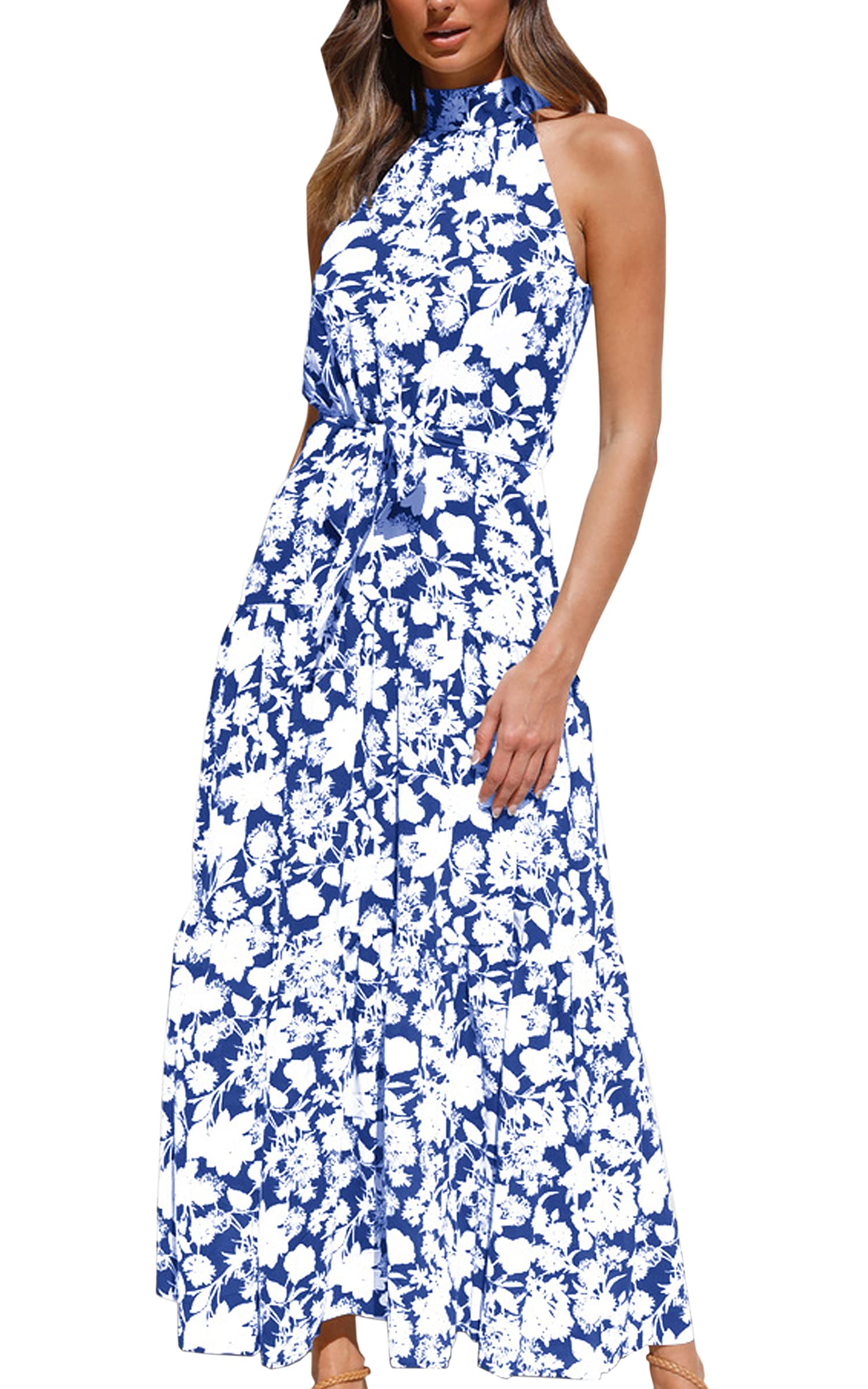 ECOWISH Women's Boho Floral Print Halter Neck Backless Maxi Dress - Sleeveless Casual Summer Beach Dress for Vacations & Outdoor Parties