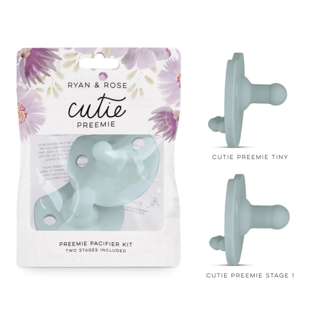 Ryan & Rose Cutie PAT Pacifier Teether - Preemie Kit in Mist | Soothing Baby Pacifier & Teether for Newborns & Infants | Perfect for Travel, Sleep & Teething Relief