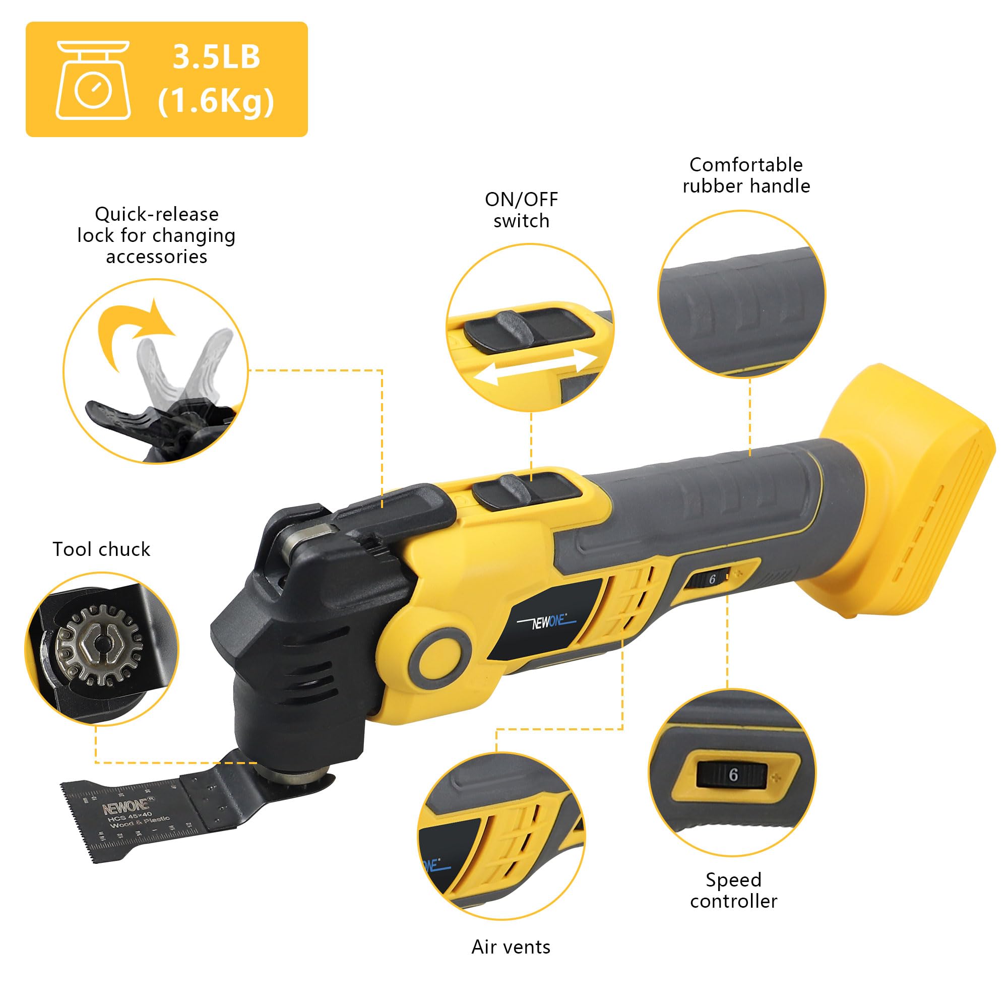 NEWONE Oscillating Multi-Tool Kit - Compatible with DeWalt 20V Battery, 6 Variable Speed, 3.6° Oscillation Angle, Anti-Vibration Design with 16-Piece Accessory Blades Set - Perfect for Woodworking, Flooring, Grout Removal & DIY Home Renovation Projects